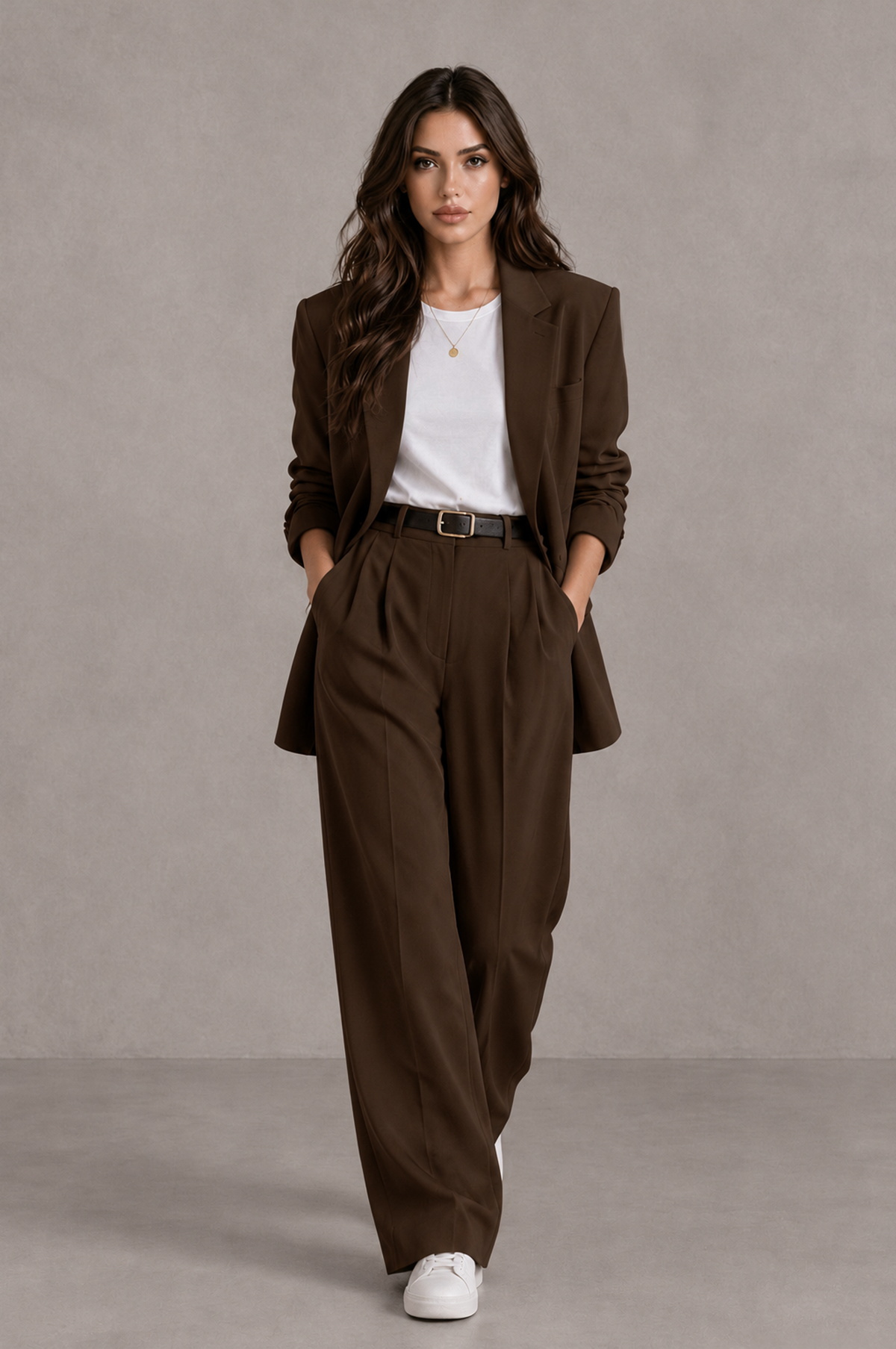 BOLODOO chocolate brown two-piece pantsuit front walking view with pleated trousers