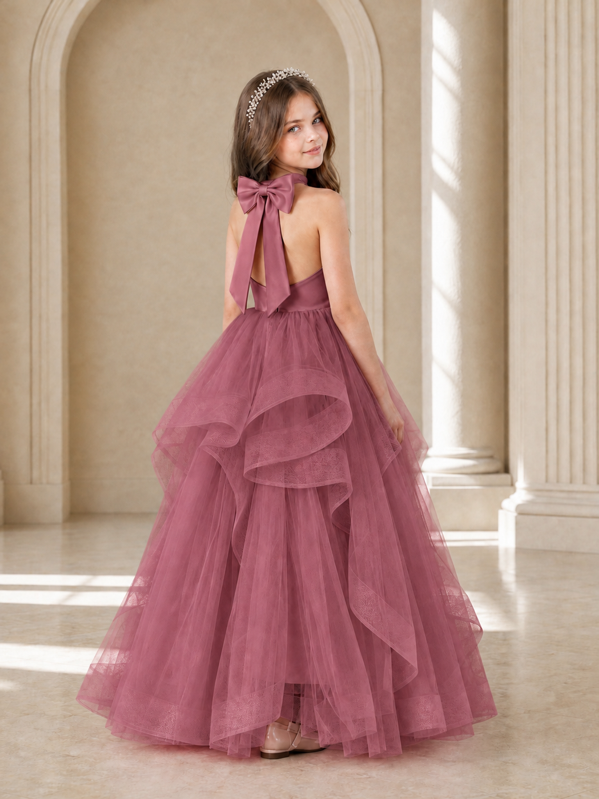 BOLODOO Cinnamon Rose Halter Tiered Tulle Flower Girl Dress with Bow Back - Cinnamon Rose - Cinnamon Rose_1