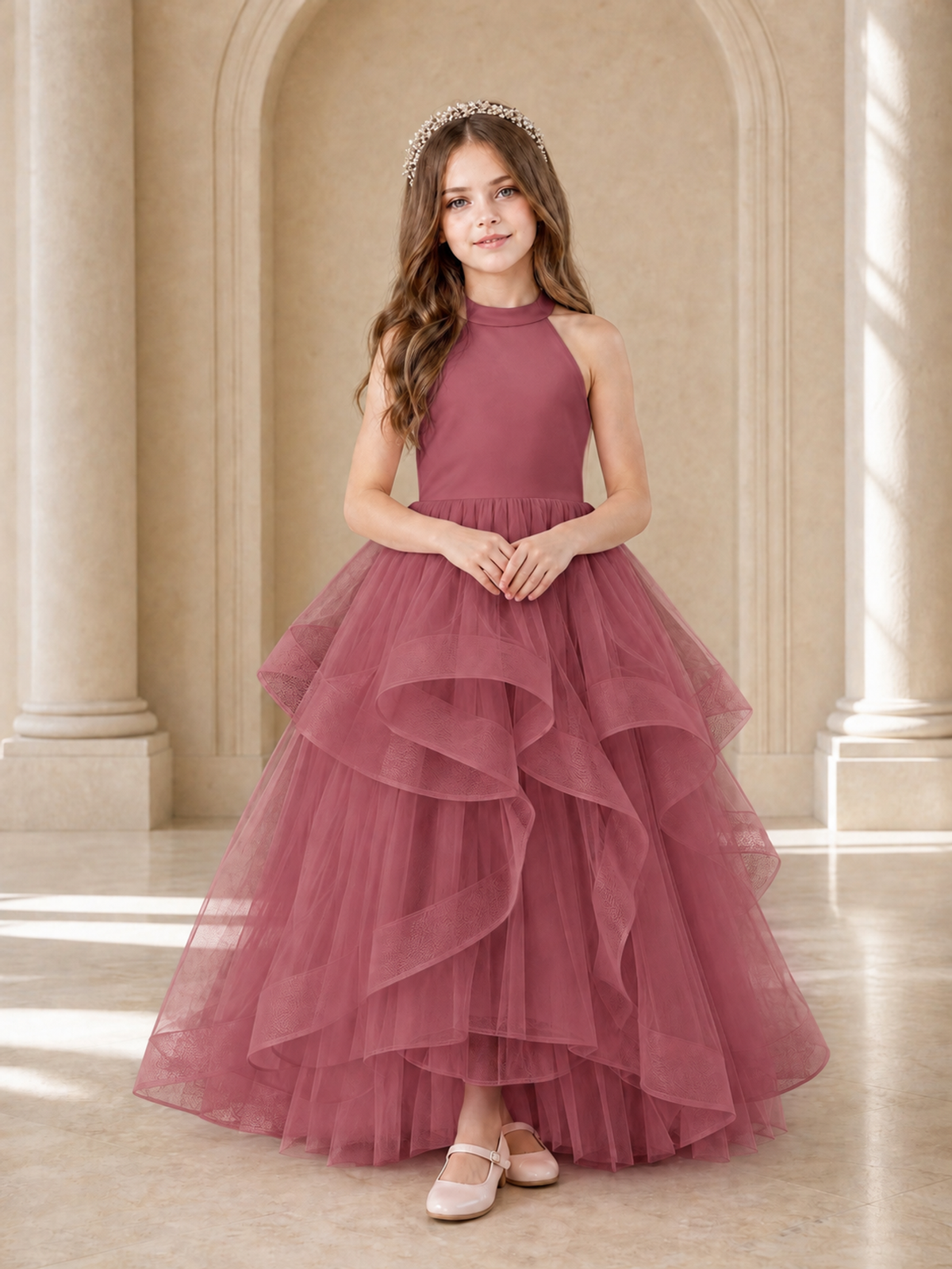 BOLODOO Cinnamon Rose Halter Tiered Tulle Flower Girl Dress with Bow Back - Cinnamon Rose - Cinnamon Rose_2