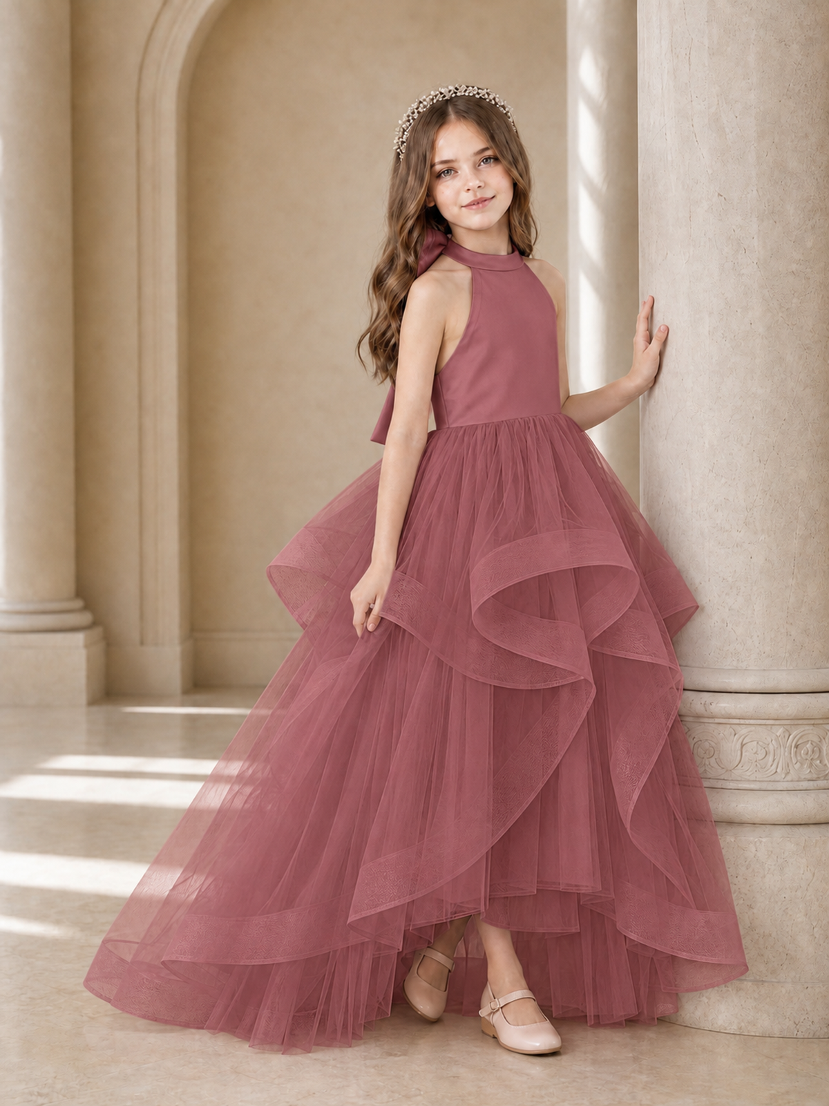 BOLODOO Cinnamon Rose Halter Tiered Tulle Flower Girl Dress with Bow Back - Cinnamon Rose - Cinnamon Rose_3