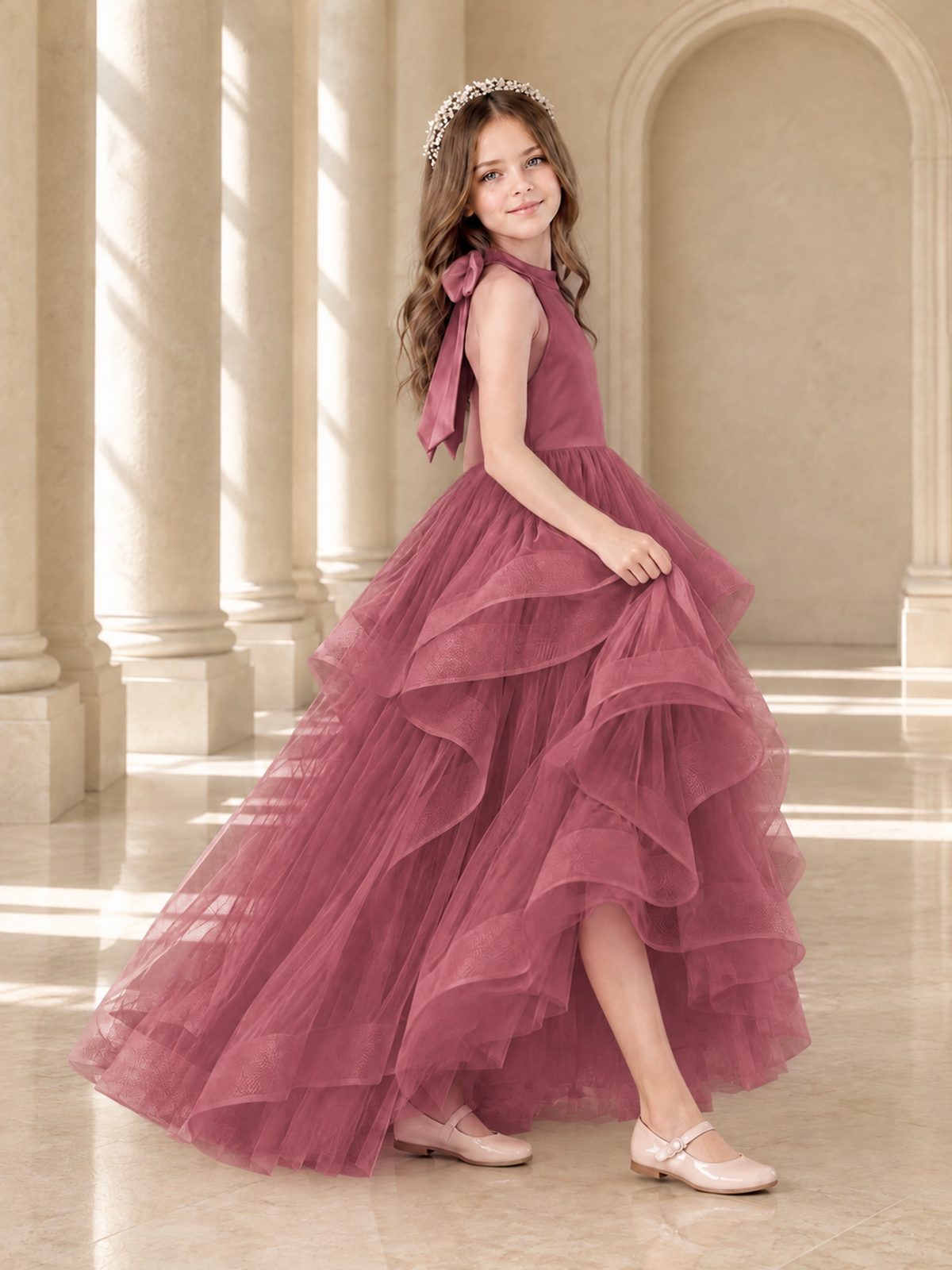 BOLODOO Cinnamon Rose Halter Tiered Tulle Flower Girl Dress with Bow Back - Cinnamon Rose - Cinnamon Rose_4