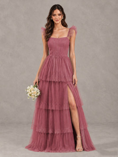 BOLODOO Cinnamon Rose Tiered Tulle Bridesmaid Dress with Slit - Cinnamon Rose - Cinnamon Rose (1)