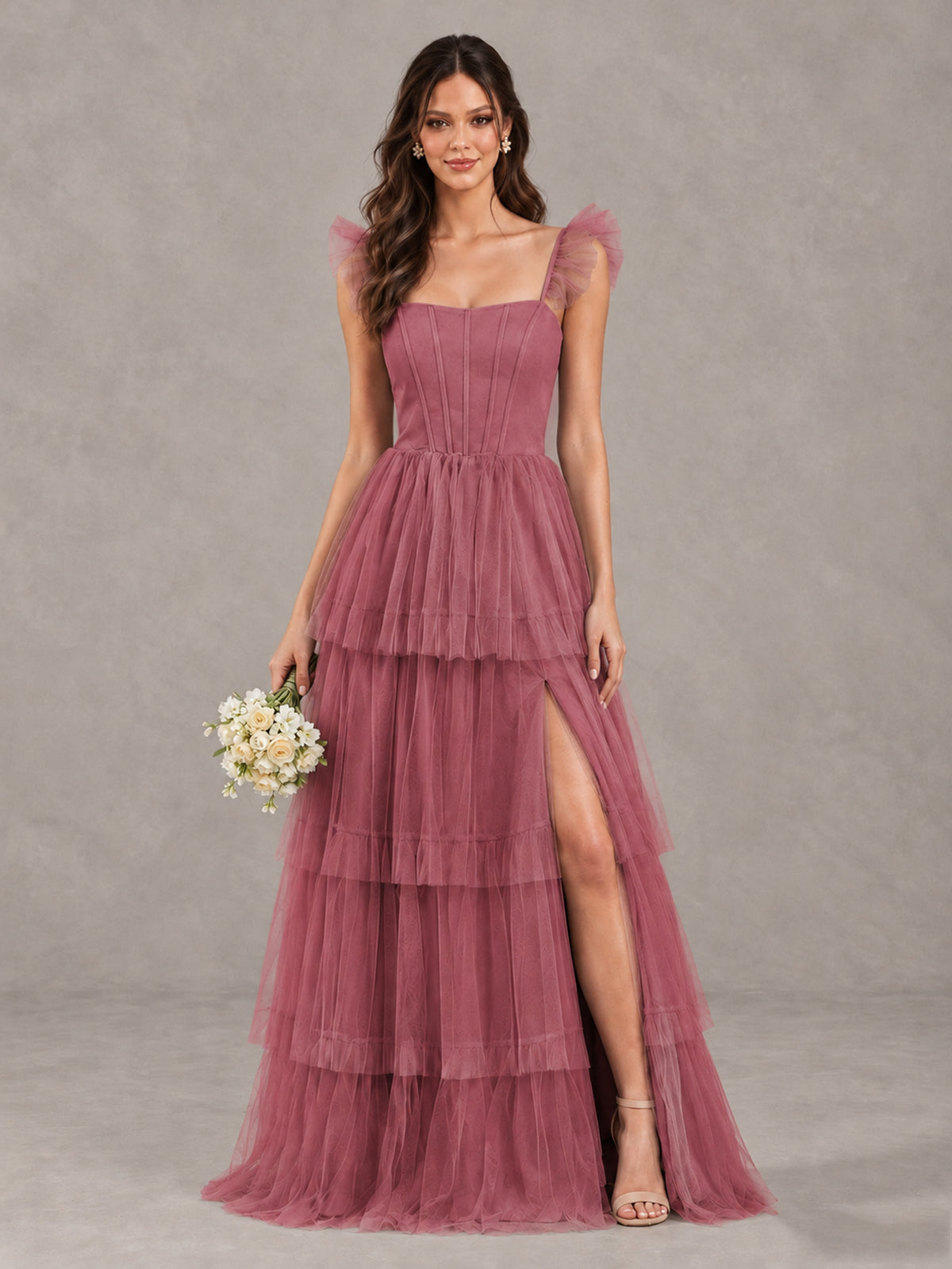 BOLODOO Cinnamon Rose Tiered Tulle Bridesmaid Dress with Slit - Cinnamon Rose - Cinnamon Rose (1)