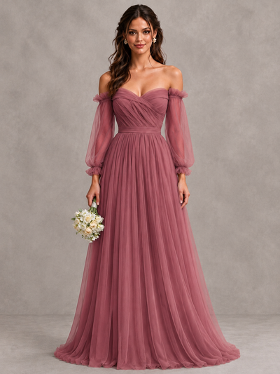 BOLODOO Cinnamon Rose Off-the-Shoulder Long Sleeve A-Line Bridesmaid Dress - Cinnamon Rose - Cinnamon Rose (1)