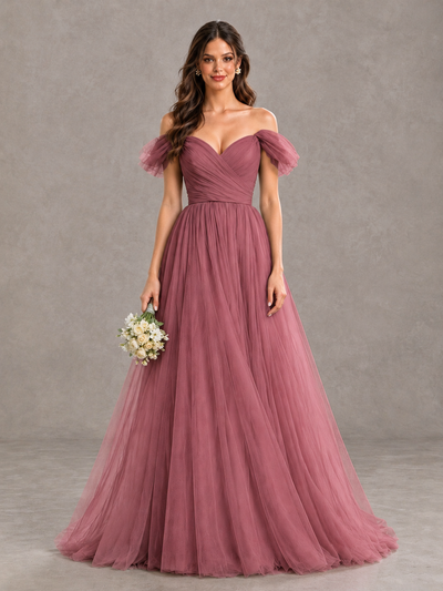 BOLODOO Cinnamon Rose Off-the-Shoulder Ruffle Sleeve A-Line Bridesmaid Dress - Cinnamon Rose - Cinnamon Rose (1)