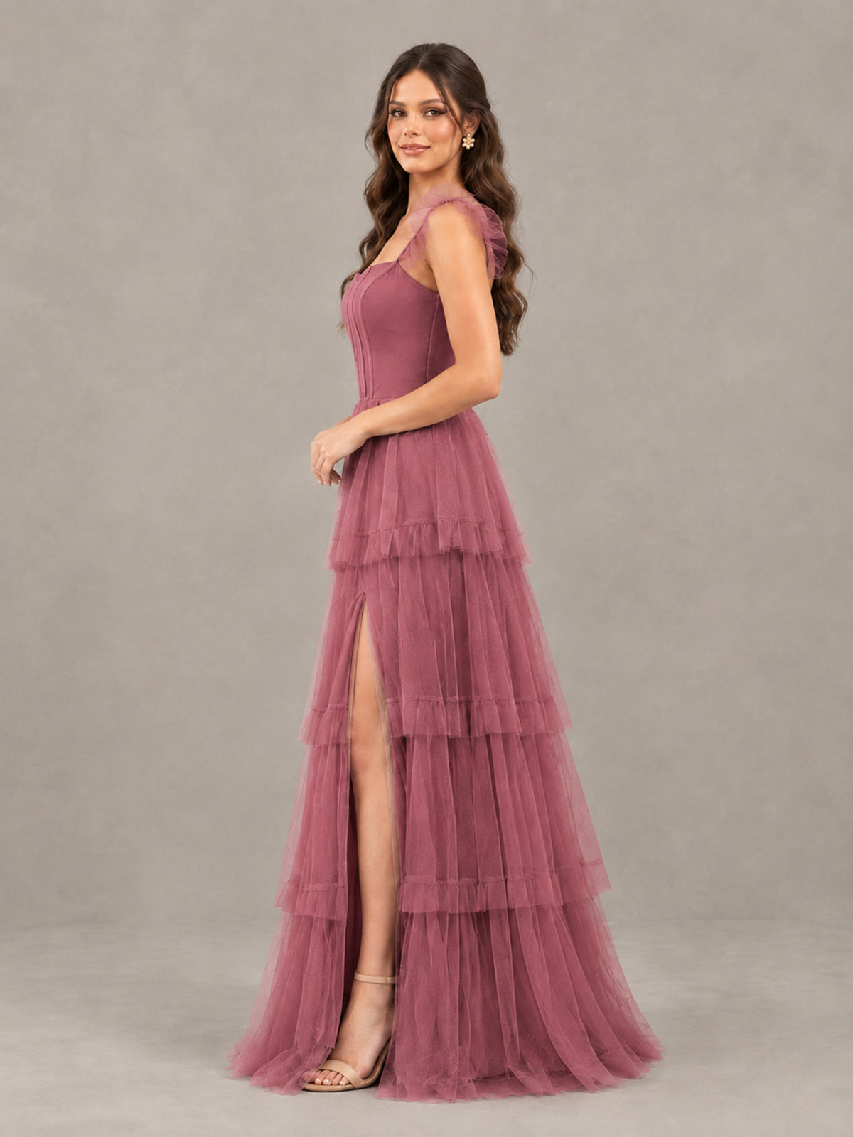 BOLODOO Cinnamon Rose Tiered Tulle Bridesmaid Dress with Slit - Cinnamon Rose - Cinnamon Rose (3)