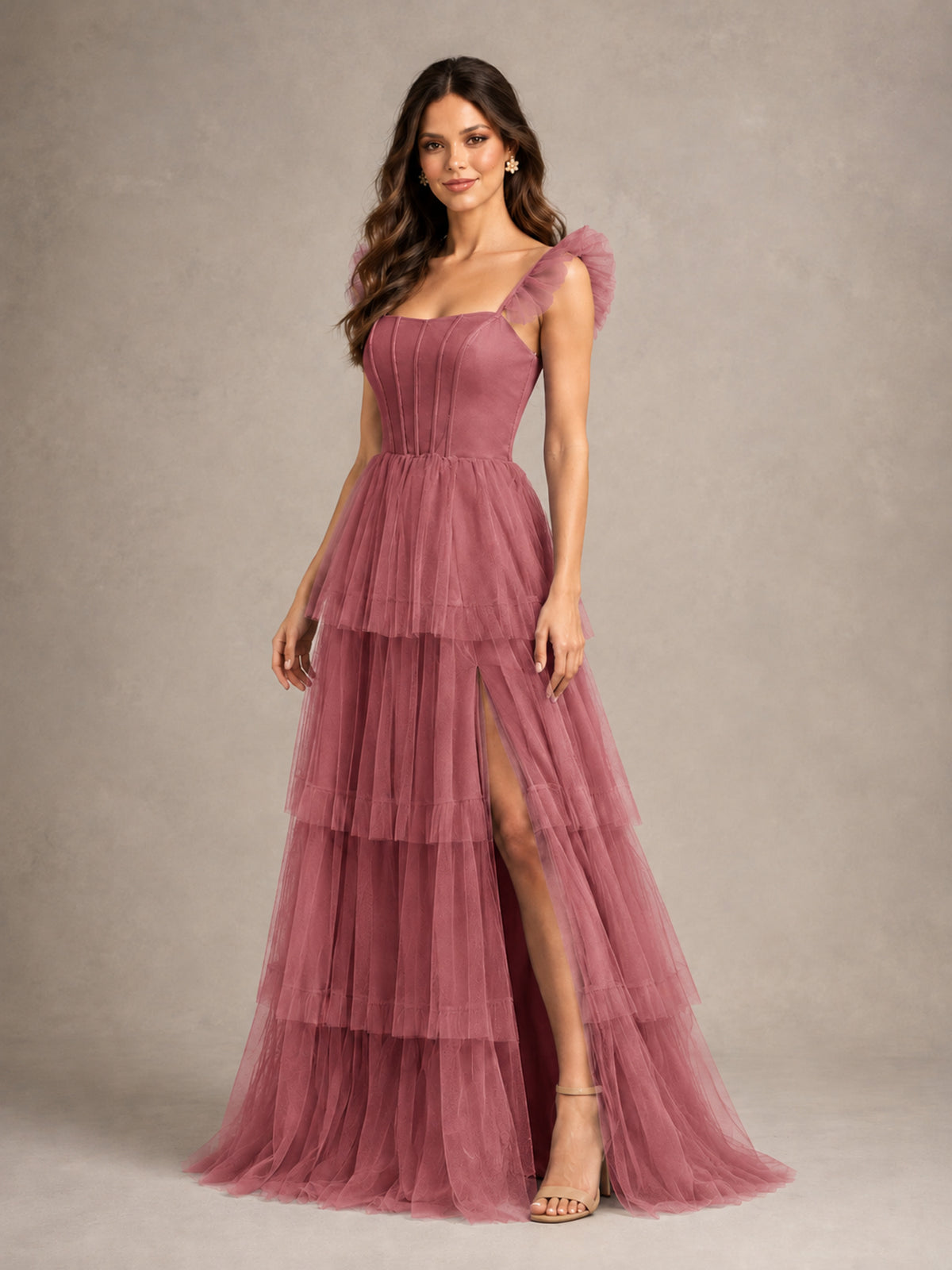 BOLODOO Cinnamon Rose Tiered Tulle Bridesmaid Dress with Slit - Cinnamon Rose - Cinnamon Rose (4)