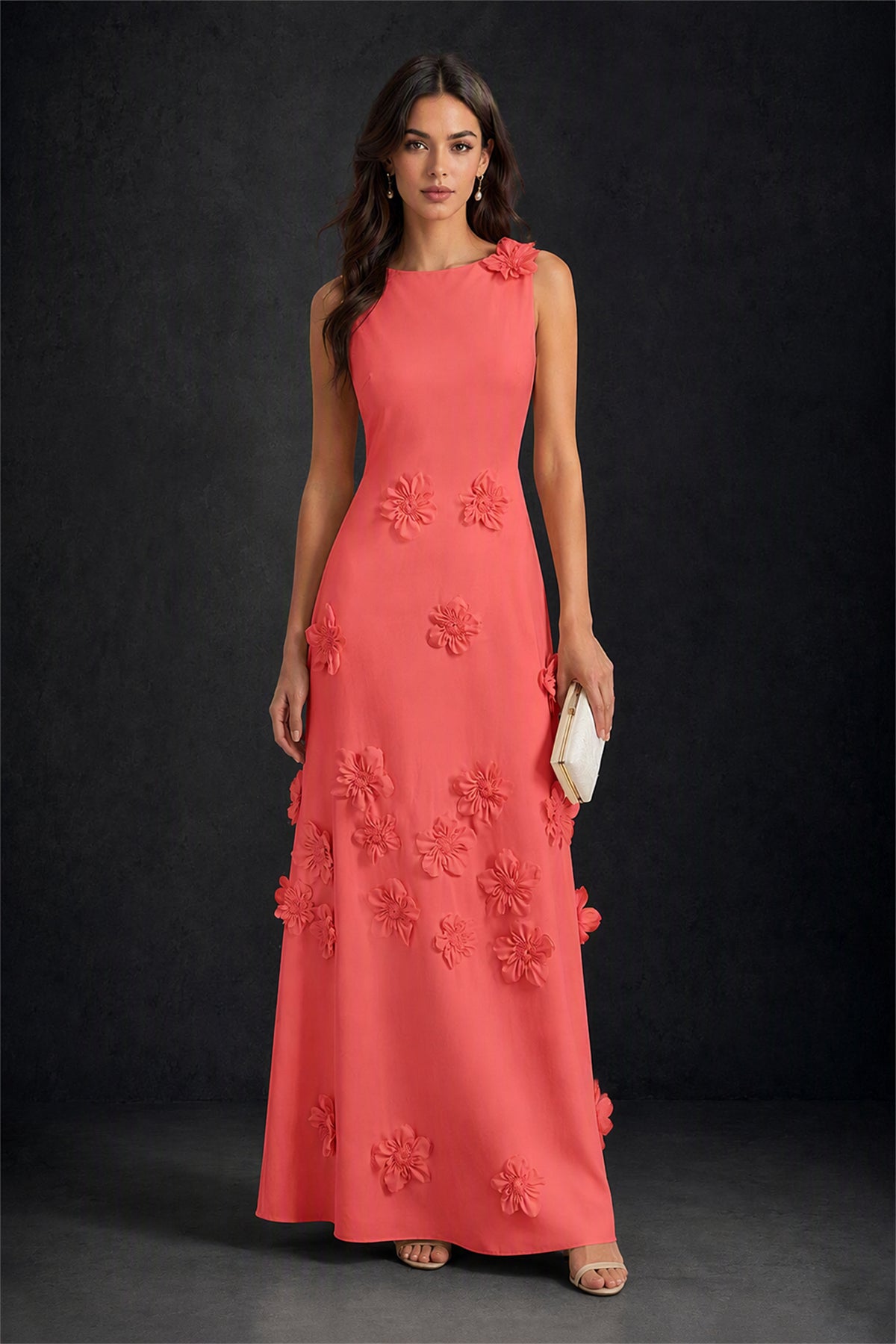 BOLODOO Coral 3D Floral Appliqué Sleeveless Maxi Dress - Coral