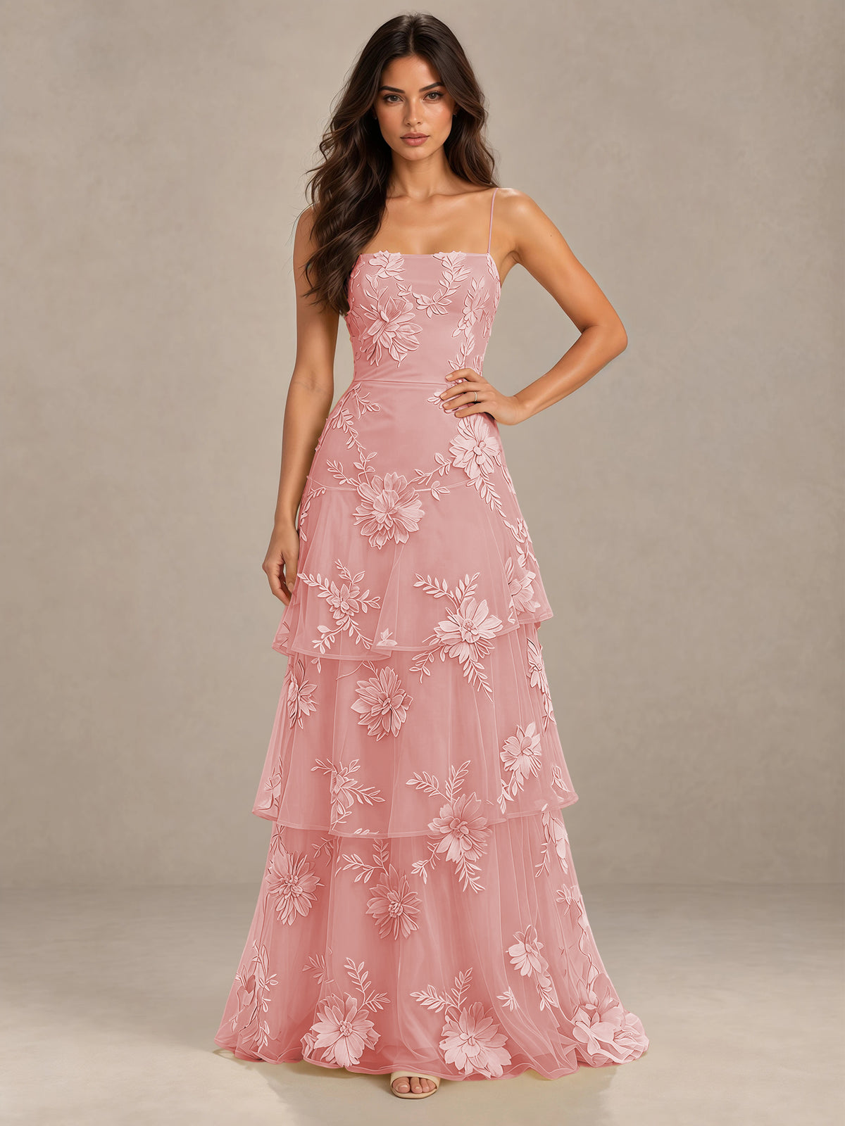 BOLODOO Coral Floral Applique Tiered Prom Dress with Lace-Up Back - Coral - Coral-1