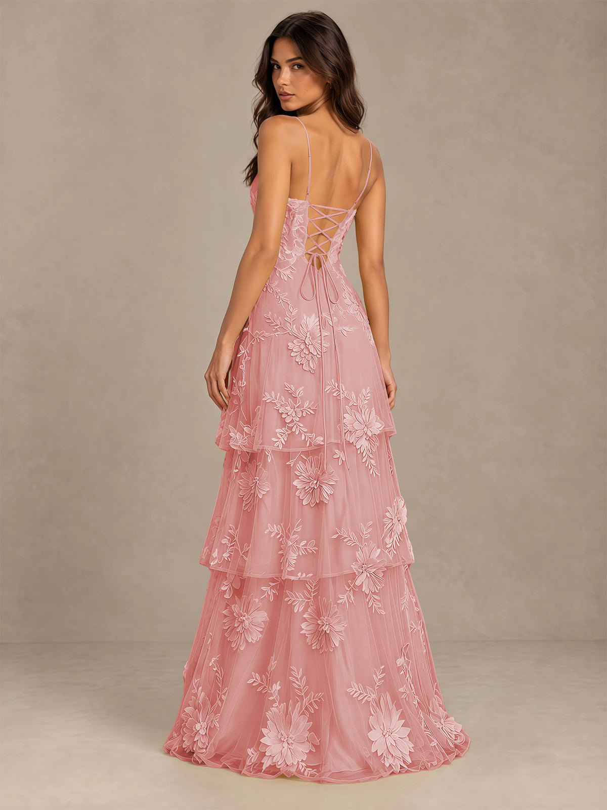 BOLODOO Coral Floral Applique Tiered Prom Dress with Lace-Up Back - Coral - Coral-2