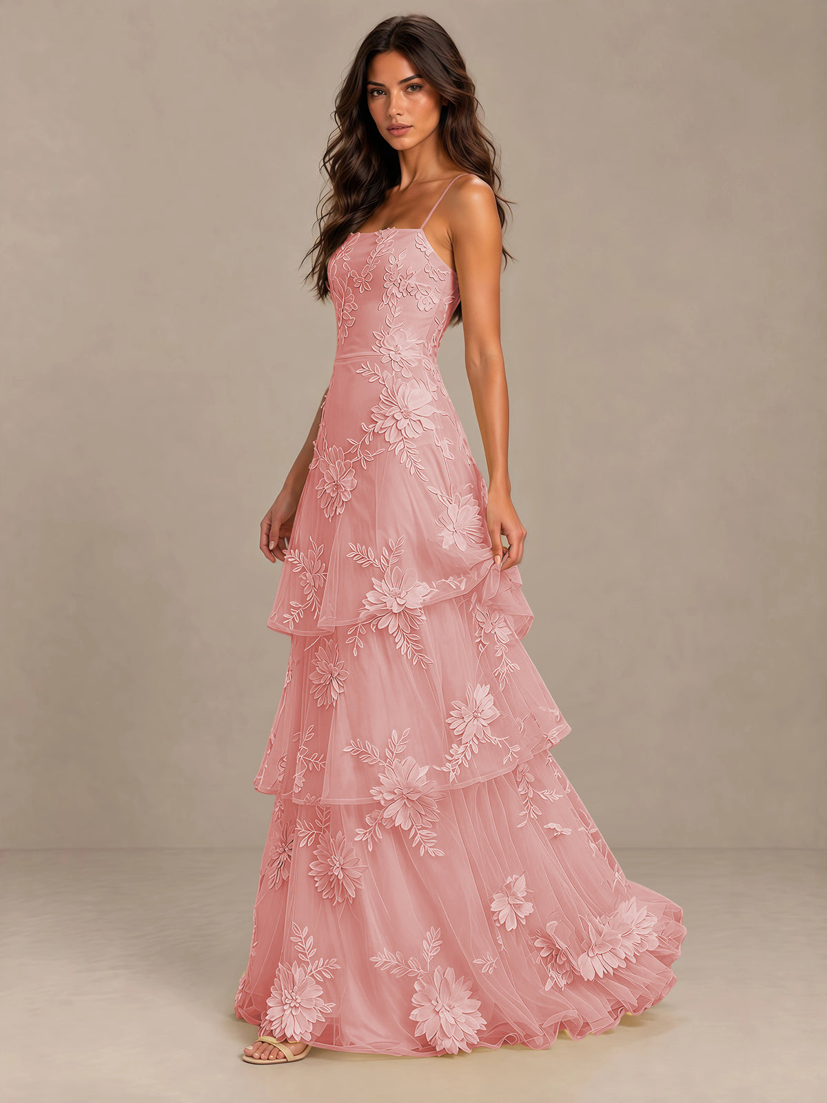 BOLODOO Coral Floral Applique Tiered Prom Dress with Lace-Up Back - Coral - Coral-3