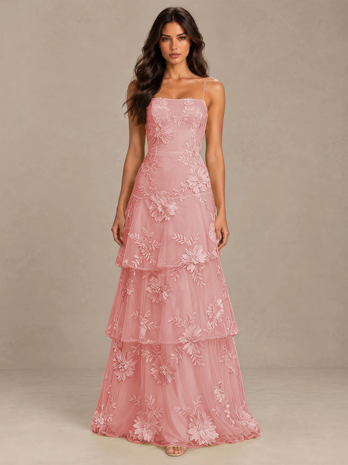 BOLODOO Coral Floral Applique Tiered Prom Dress with Lace-Up Back - Coral - Coral-4