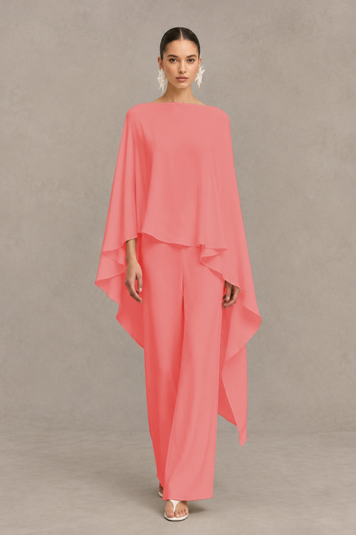 BOLODOO Coral Cape Sleeve Wide-Leg Formal Pantsuit - Coral - Coral_01