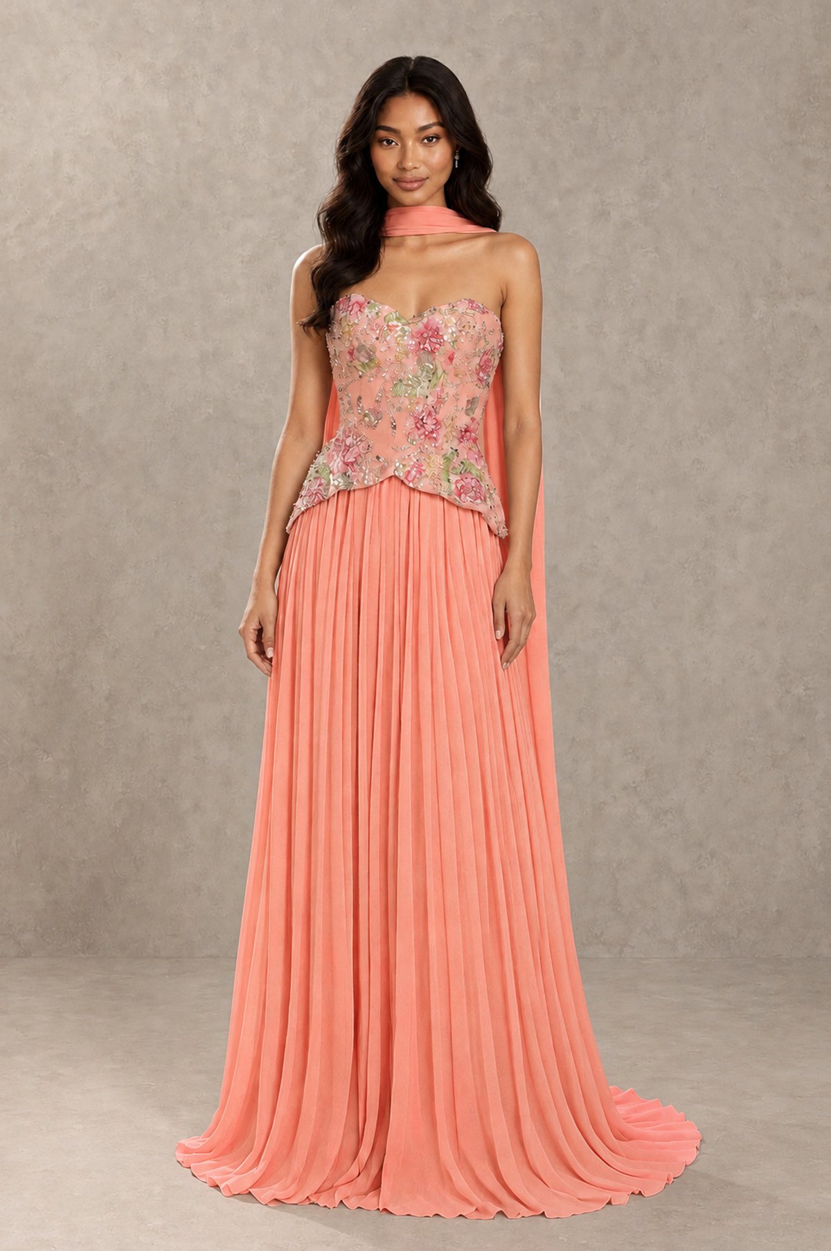 BOLODOO Coral Strapless Beaded Floral Corset Chiffon Maxi Gown – Open Back Prom & Formal Evening Dress - Coral - Coral_01