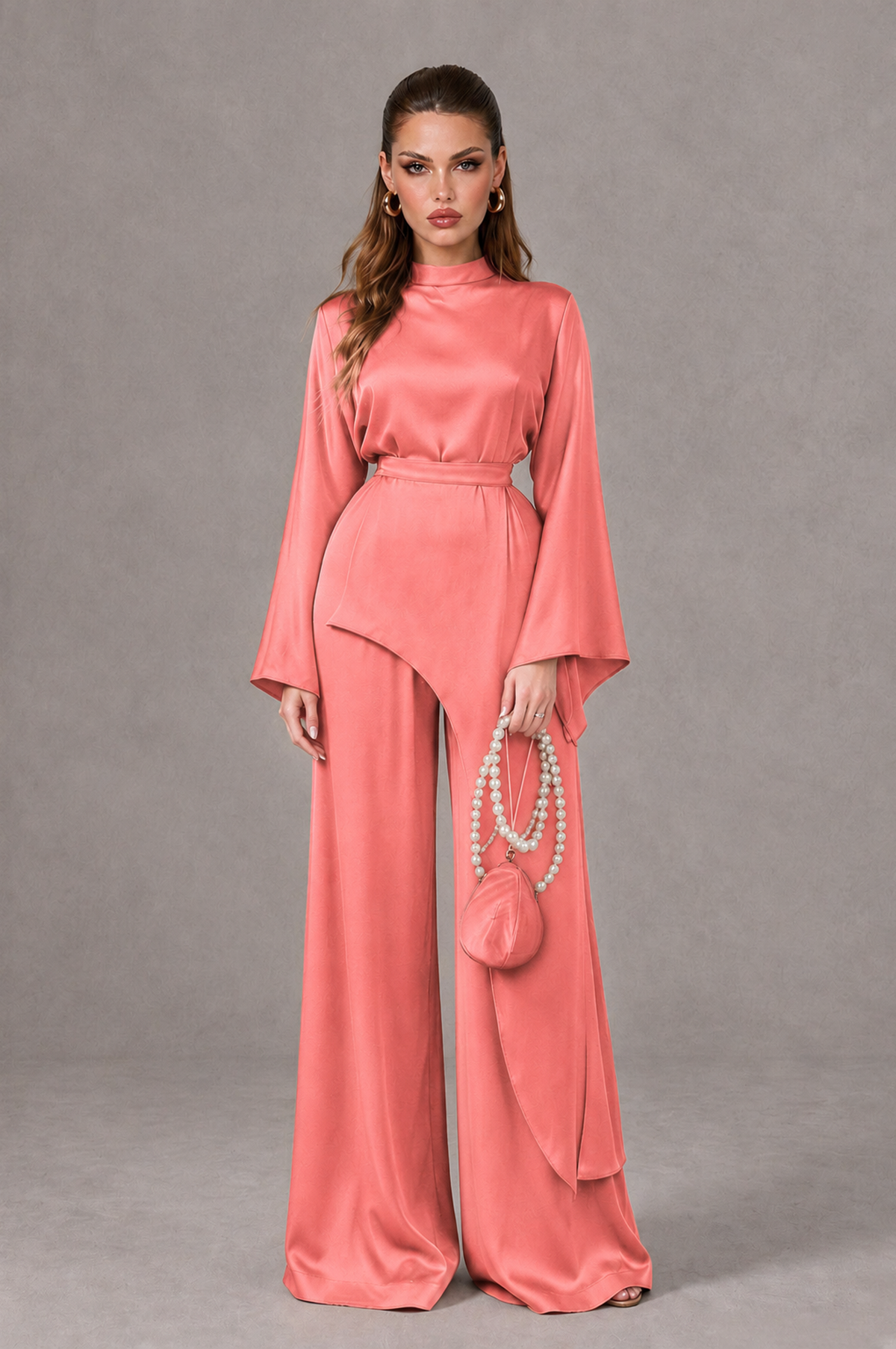 BOLODOO Coral Satin-Look Long Sleeve Wide-Leg Jumpsuit - Coral - Coral_01