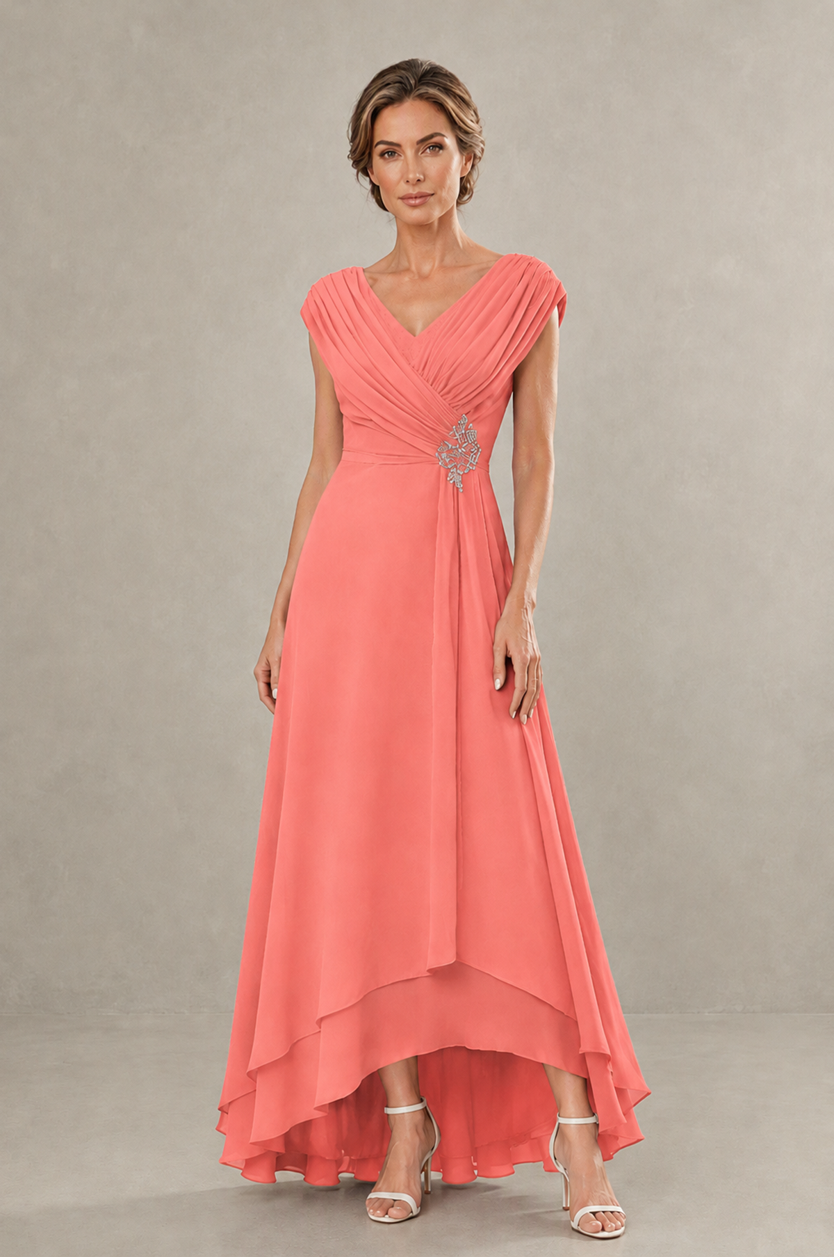 BOLODOO Coral V-Neck High-Low Mother of the Bride Dress - Coral - Coral_01
