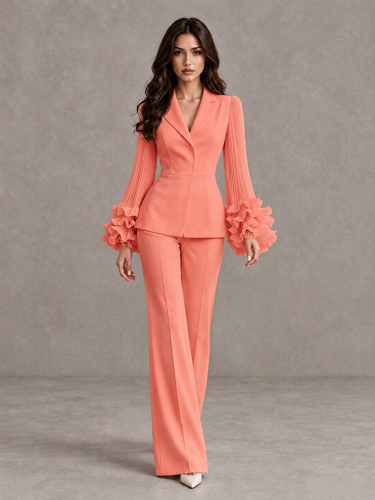 BOLODOO Coral Mother of the Bride Pant Suit – Pleated Long Sleeve Ruffle Cuff Wide Leg Trouser Suit - Coral - Coral_01