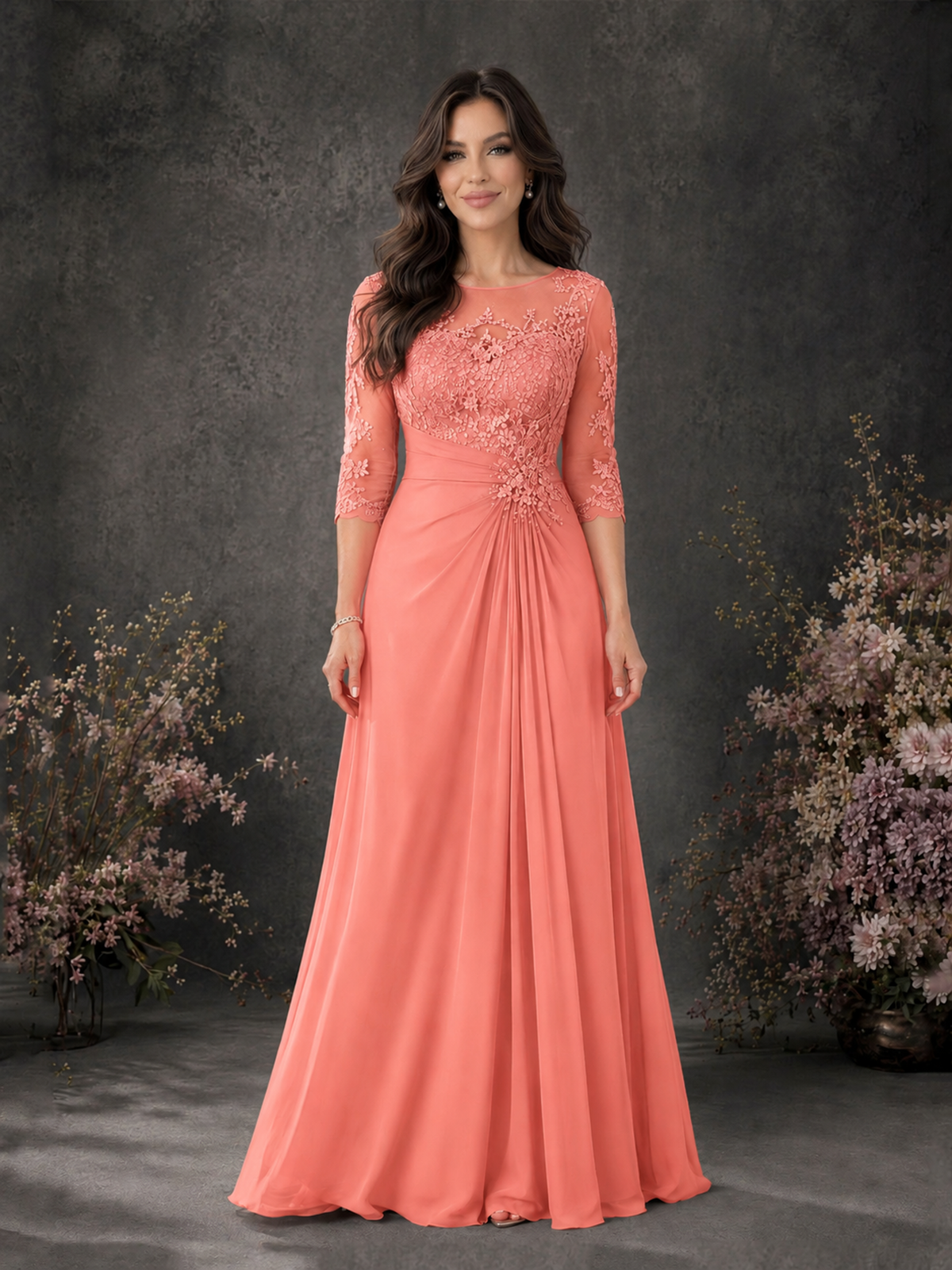 BOLODOO Coral Chiffon Lace Illusion Neckline 3/4 Sleeve Floor Length Formal Gown - Coral - Coral_01