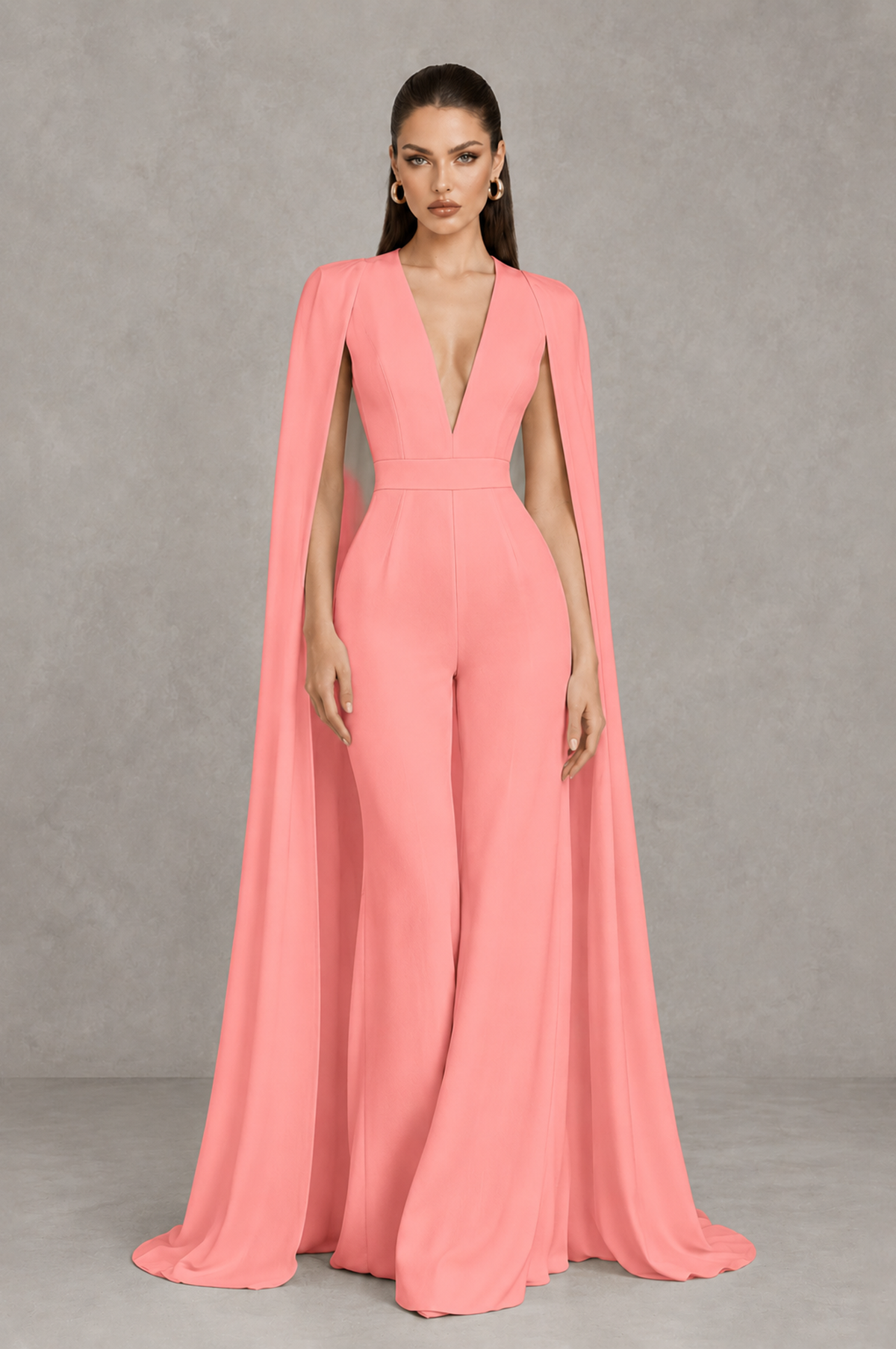 BOLODOO Coral Deep V-Neck Cape Sleeve Bridal Jumpsuit - Coral - Coral_01