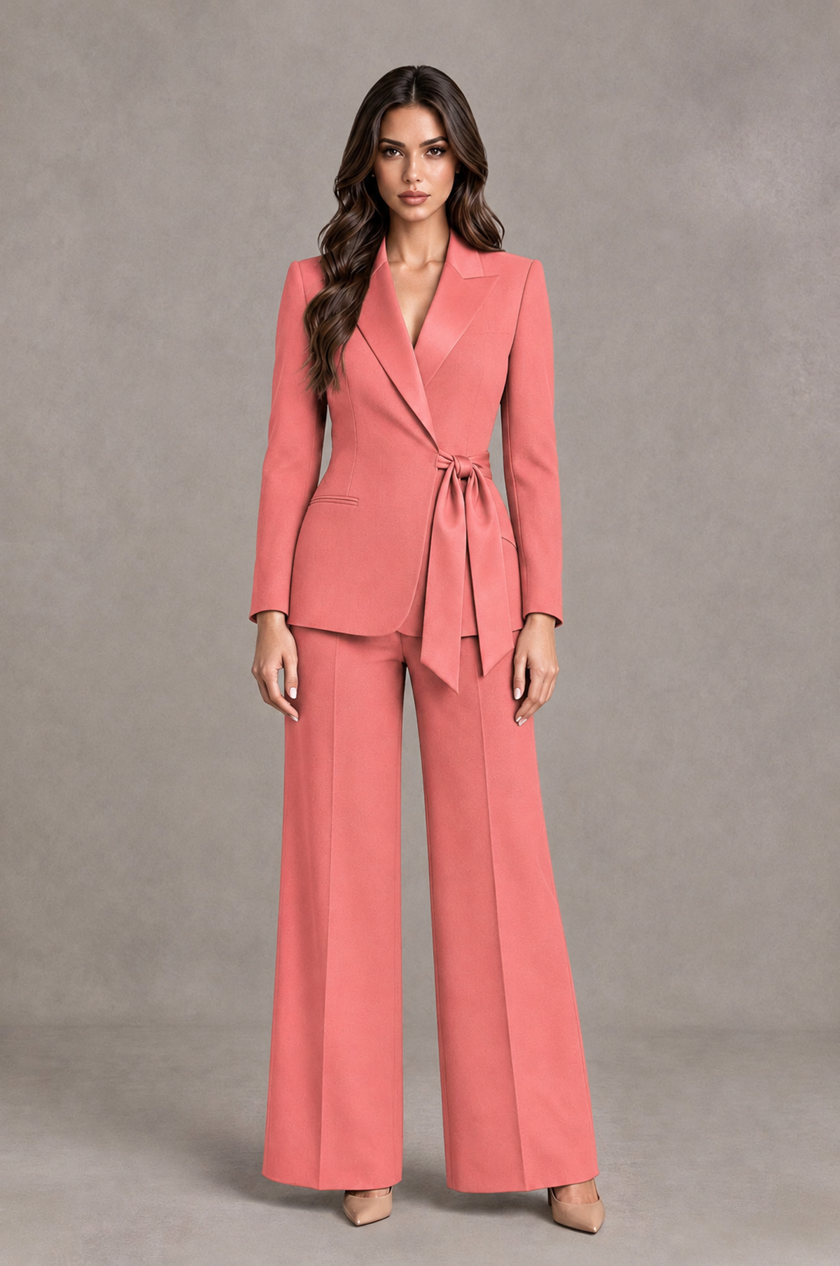 BOLODOO Coral Tie-Waist Blazer & Wide-Leg Pantsuit - Coral - Coral_01