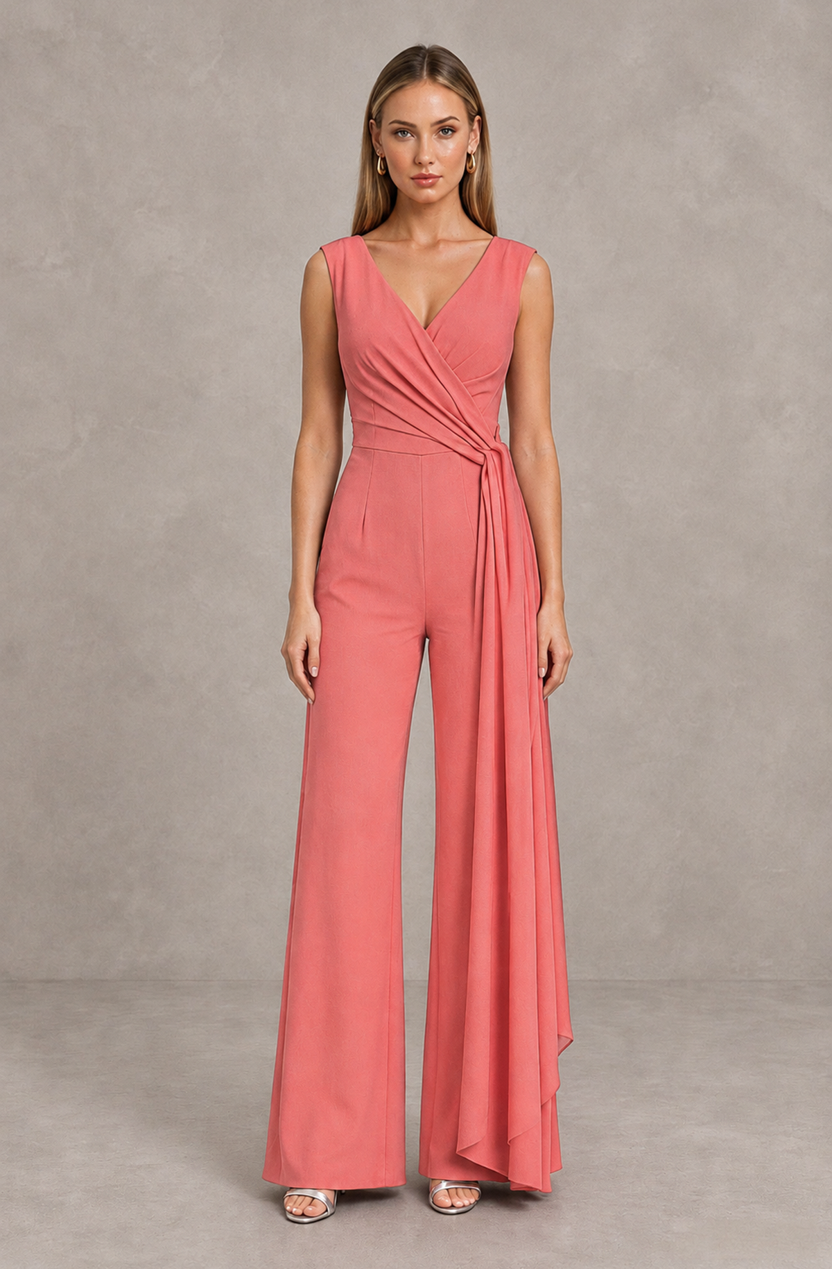 BOLODOO Coral Sleeveless V-Neck Wide-Leg Jumpsuit with Side Drape - Coral - Coral_01