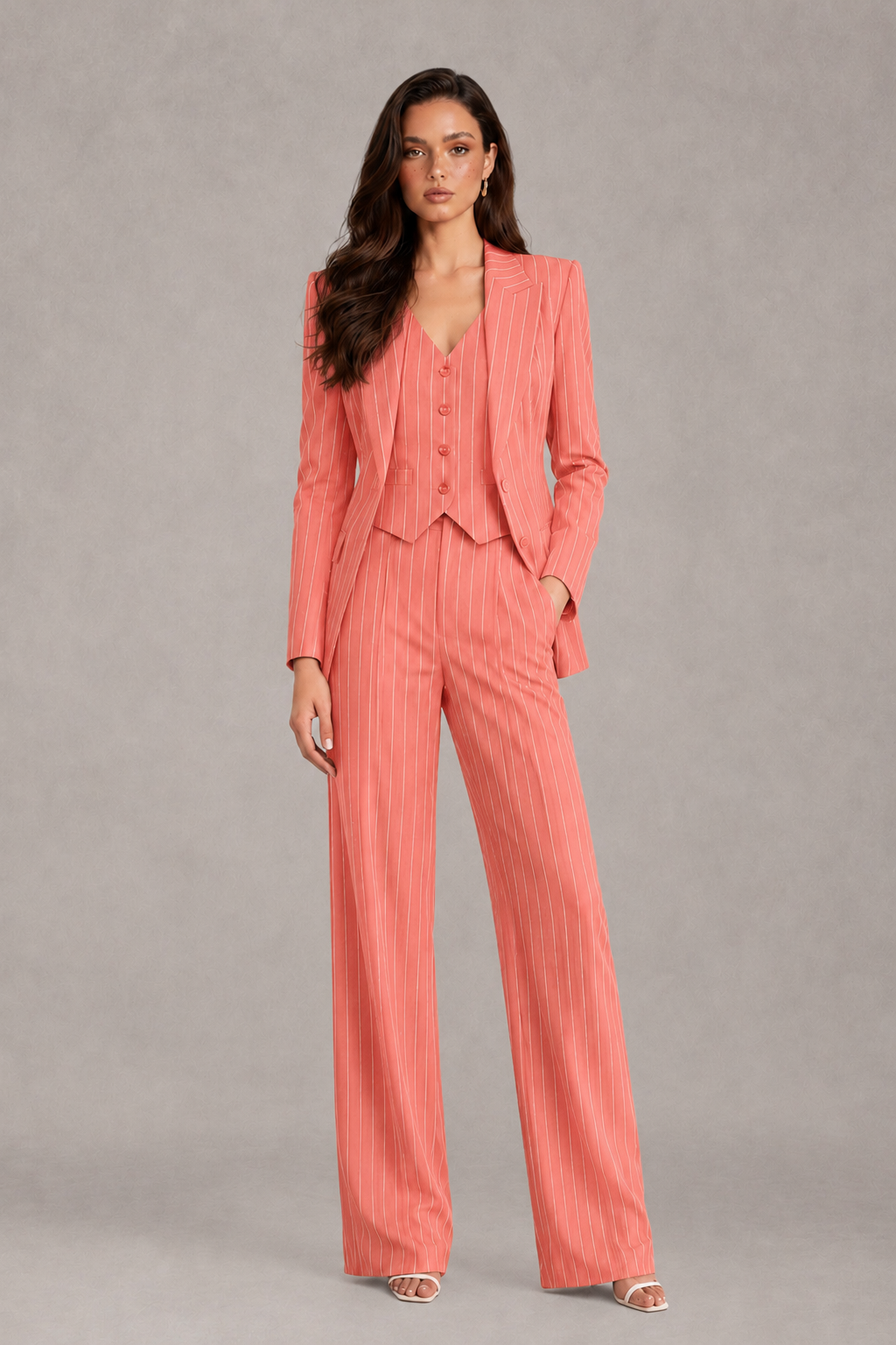 BOLODOO Women's Coral Pinstripe Three-Piece Pantsuit with Wide-Leg Trousers - Coral - Coral_01