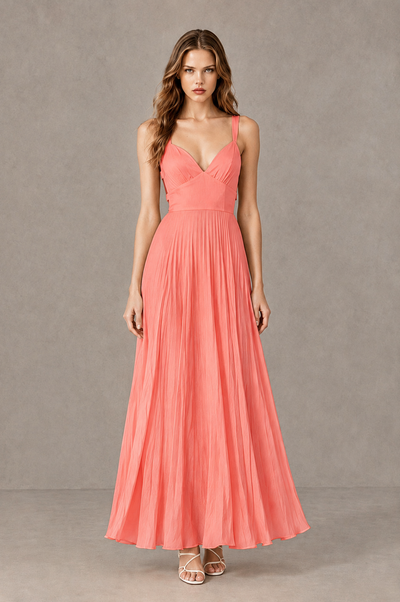 BOLODOO Coral V-Neck Pleated Open-Back Maxi Dress - Coral - Coral_01