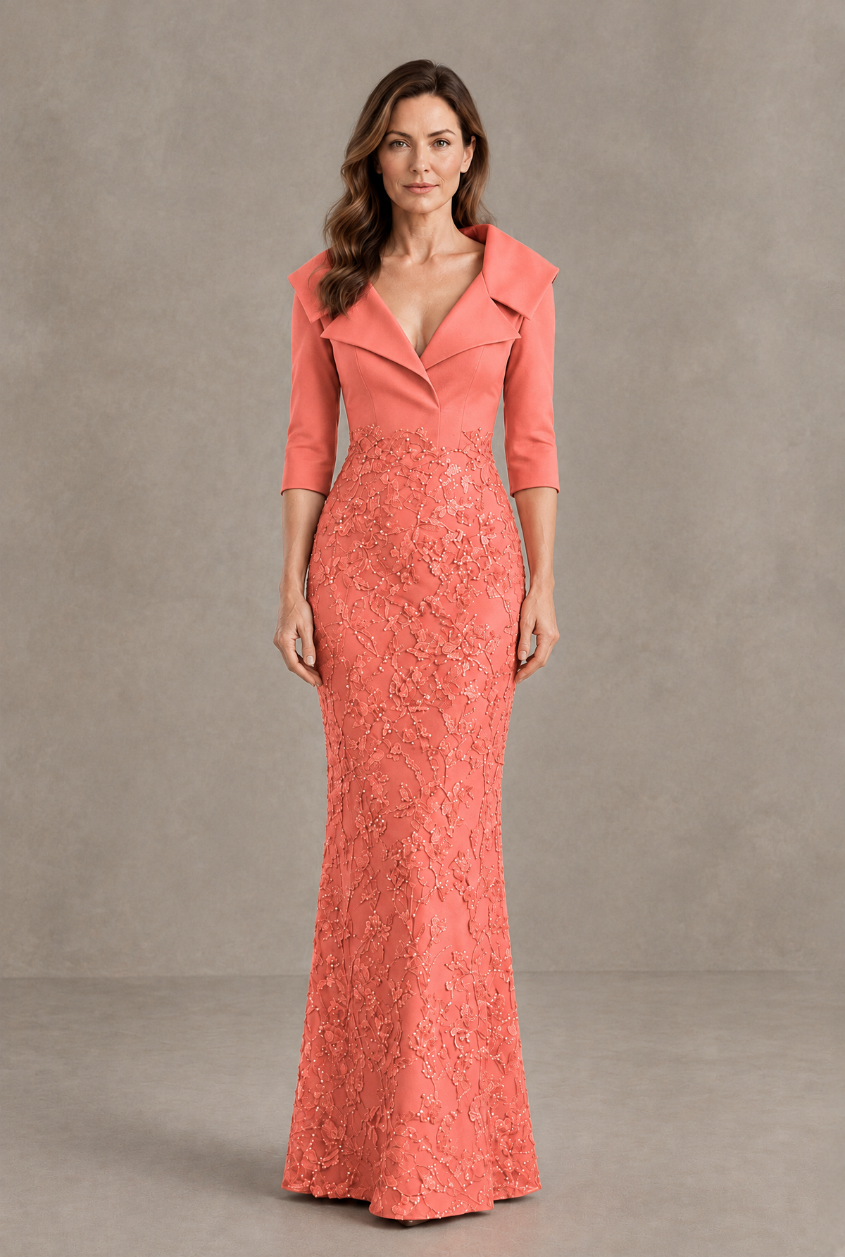 BOLODOO Coral Three-Quarter Sleeve Mermaid Evening Dress with Floral Detail - Coral - Coral_01