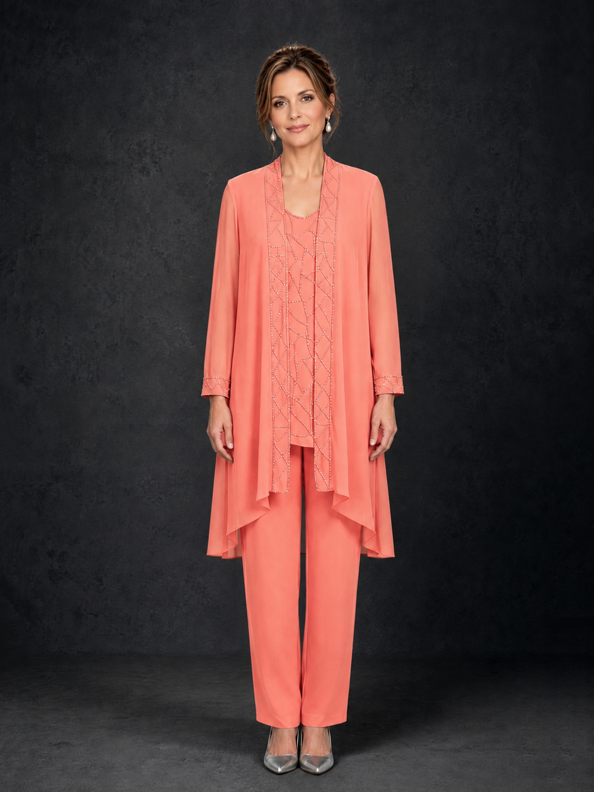 BOLODOO Coral 3-Piece Beaded Chiffon Duster Jacket Pant Suit - Coral - Coral_01