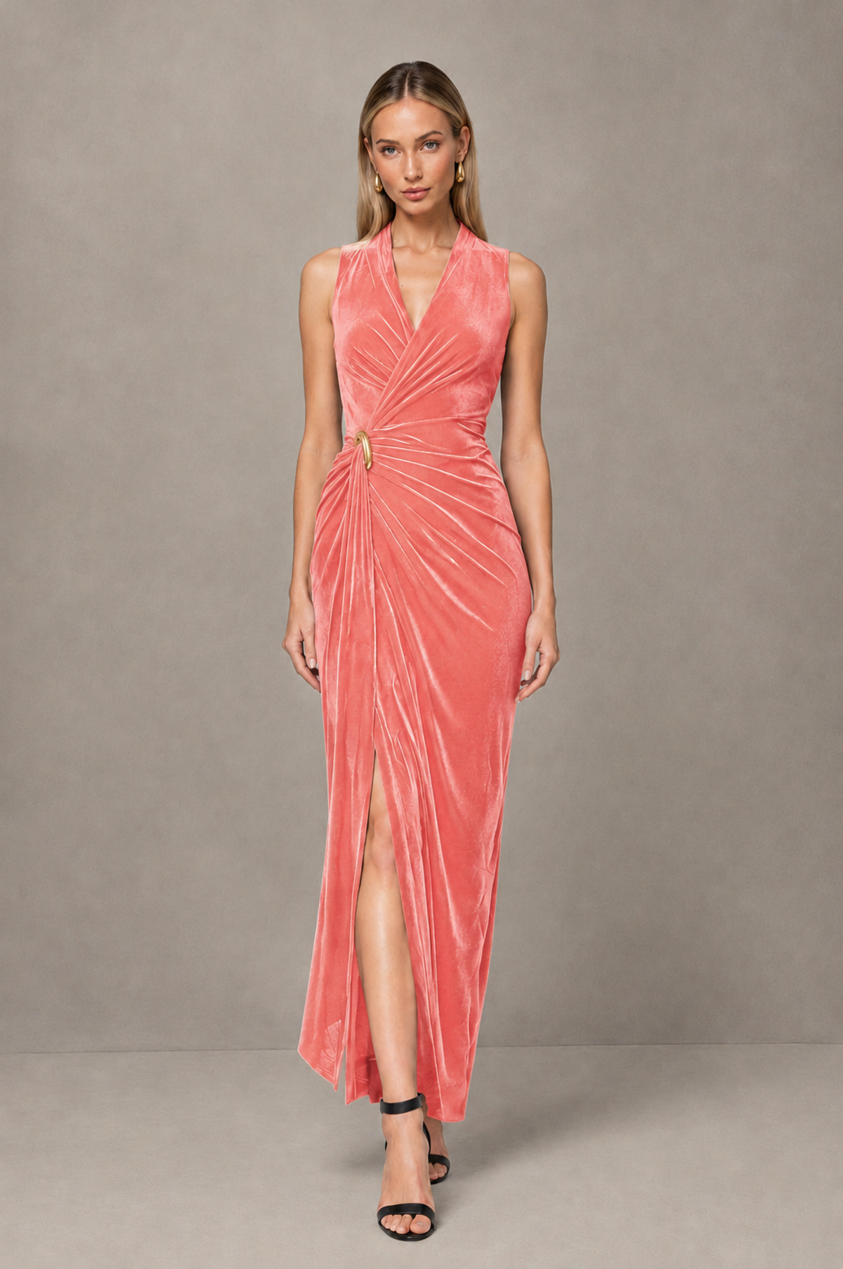 BOLODOO Coral Velvet-Look Sleeveless V-Neck Ruched Slit Maxi Dress - Coral - Coral_01