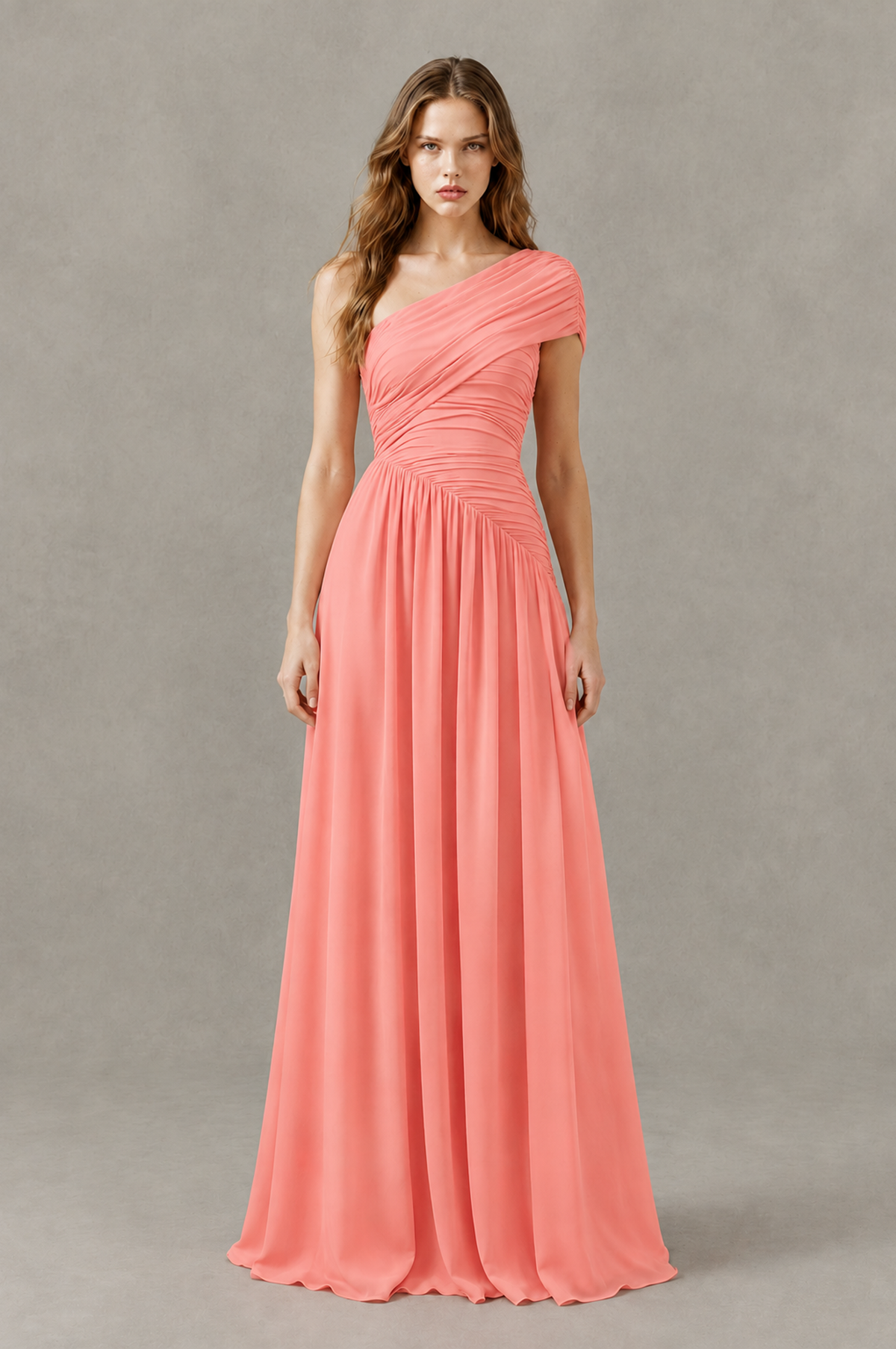 BOLODOO Coral One-Shoulder Ruched Floor-Length Bridesmaid Dress - Coral - Coral_01