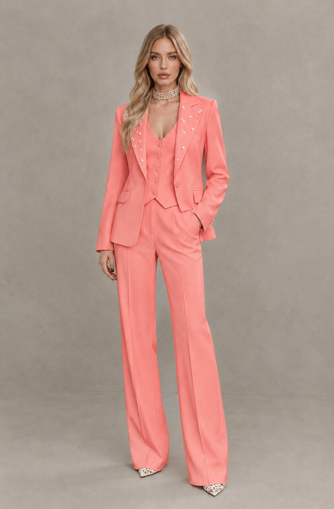 BOLODOO Coral Women's Three-Piece Pantsuit with Blazer & Vest - Coral - Coral_01