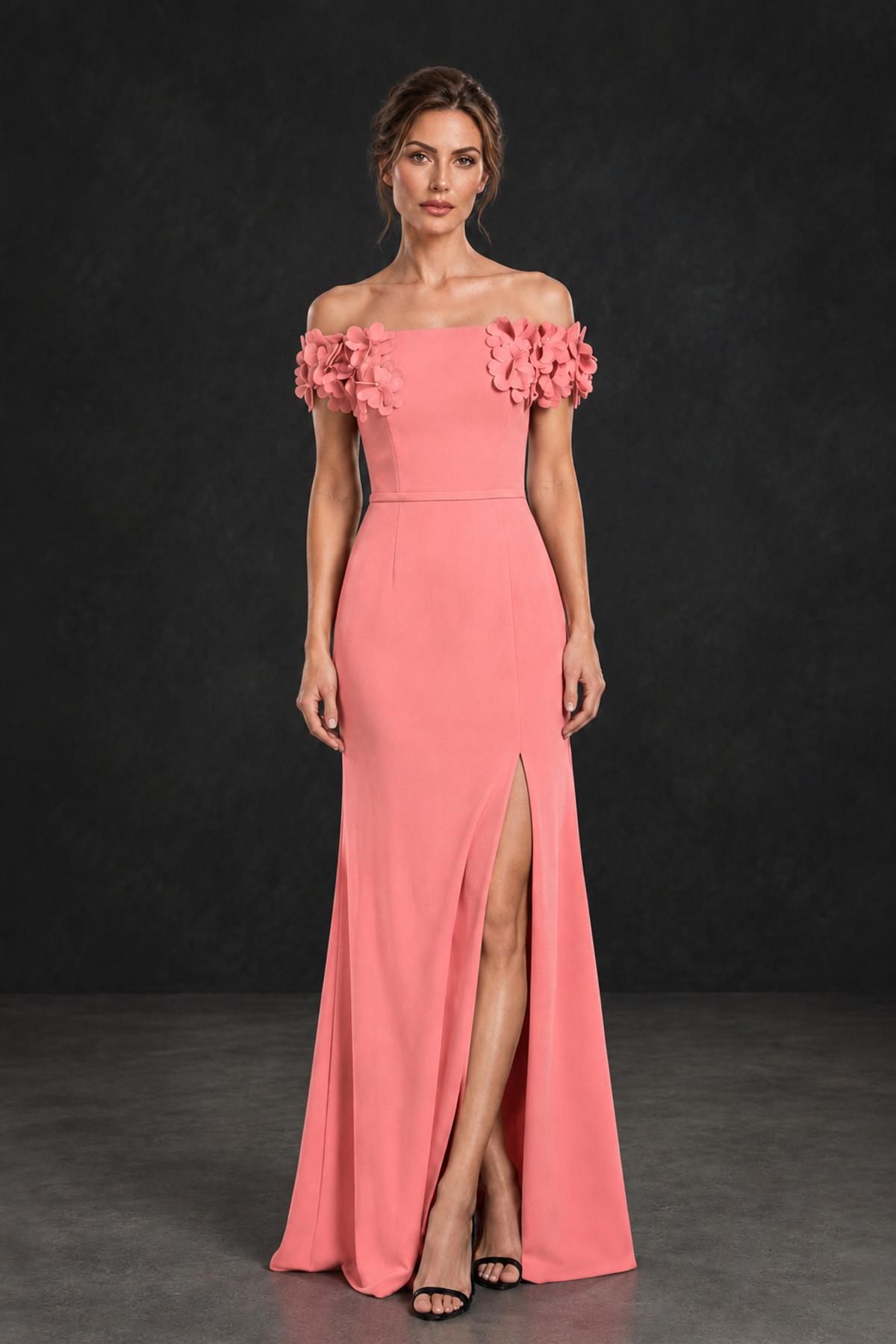 BOLODOO Coral Off-the-Shoulder Mother of the Bride Dress with Floral Appliques - Coral - Coral_01