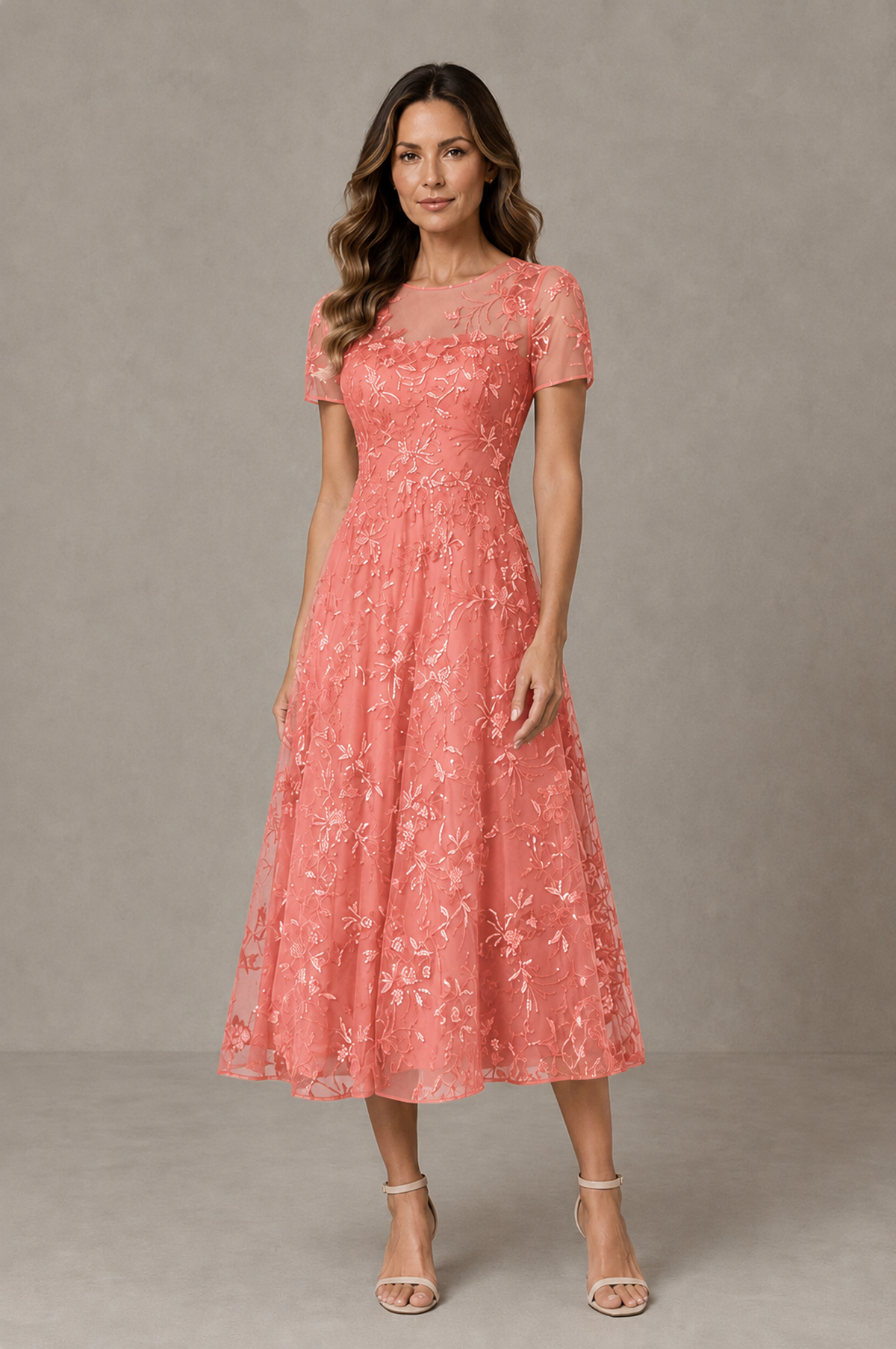 BOLODOO Coral Textured Floral A-Line Dress with Short Sleeves - Coral - Coral_01