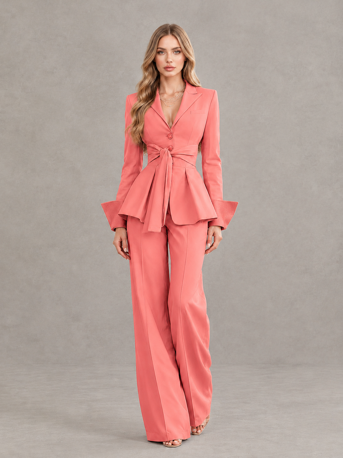 BOLODOO Coral Belted Peplum Pantsuit with Long Sleeves & Wide-Leg Trousers - Coral - Coral_01