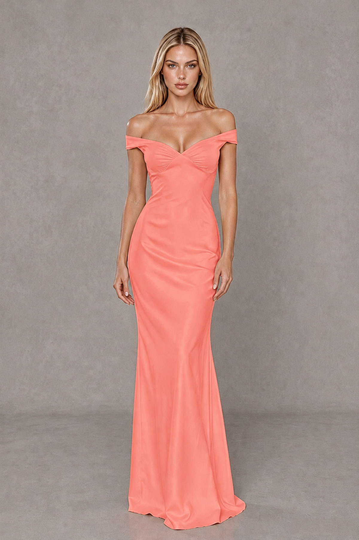 BOLODOO Coral Off-Shoulder Open-Back Satin Evening Gown - Coral - Coral_01