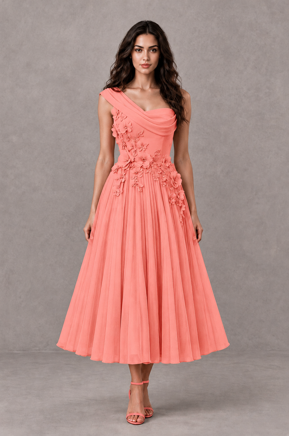 BOLODOO Coral One-Shoulder Floral Tulle Tea-Length Dress - Coral - Coral_01