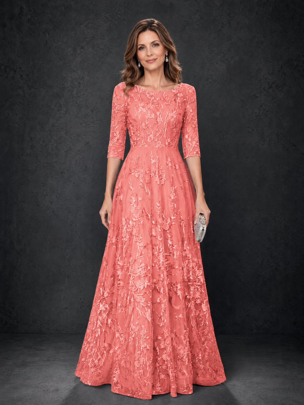 BOLODOO Coral Illusion Bateau Neck 3/4 Sleeve Floral Lace A-Line Mother of the Bride Dress MX007 - Coral - Coral_01