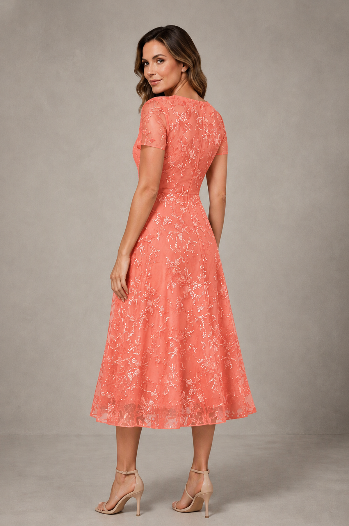 BOLODOO Coral Textured Floral A-Line Dress with Short Sleeves - Coral - Coral_02
