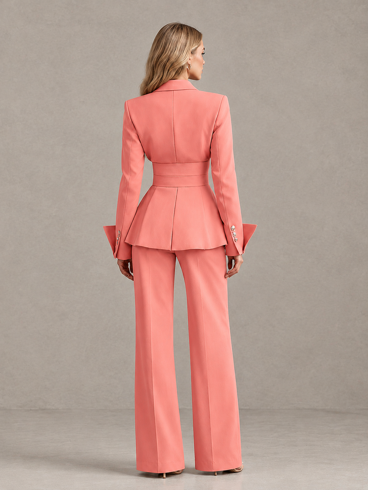 BOLODOO Coral Belted Peplum Pantsuit with Long Sleeves & Wide-Leg Trousers - Coral - Coral_02