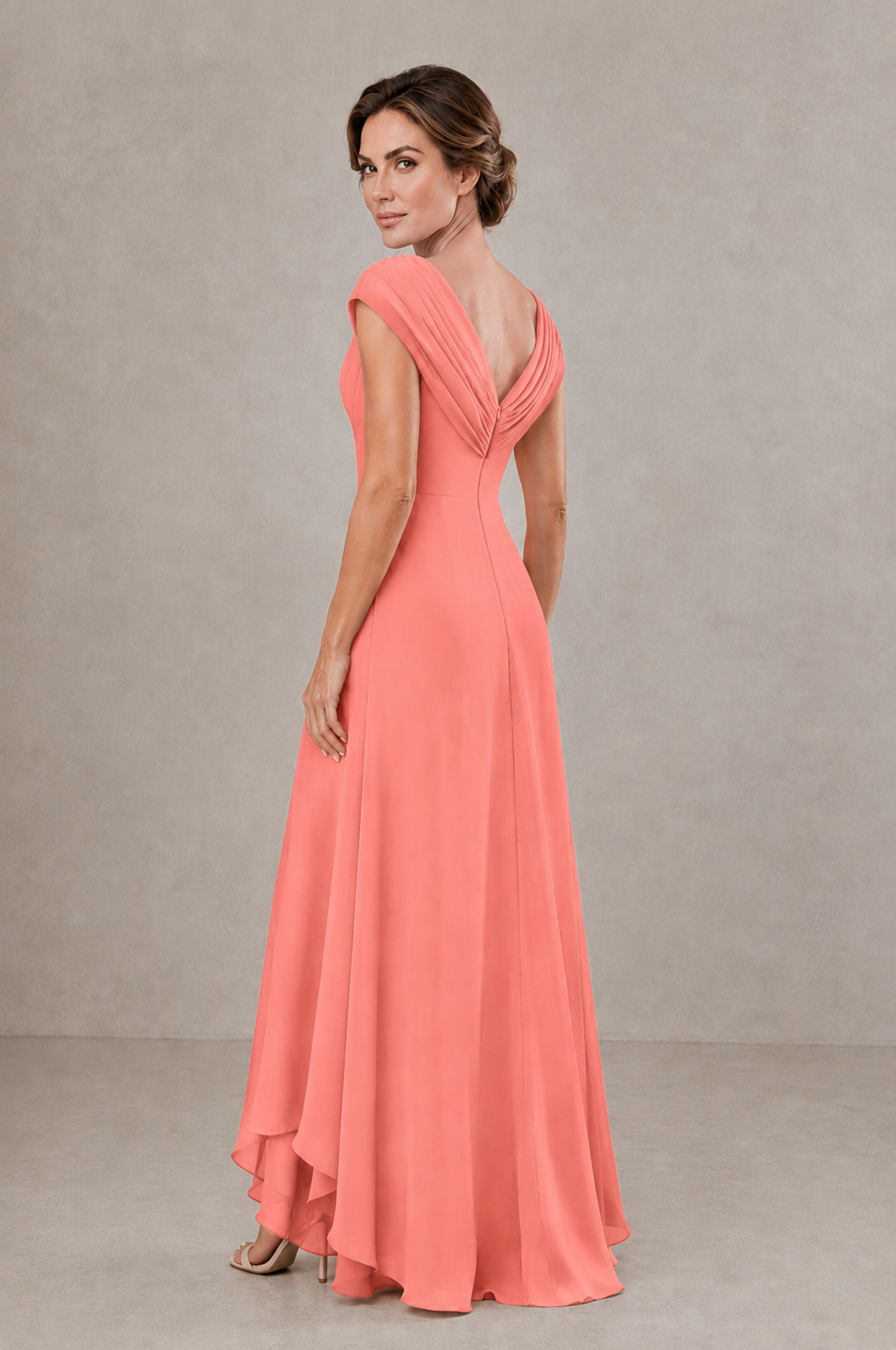 BOLODOO Coral V-Neck High-Low Mother of the Bride Dress - Coral - Coral_02