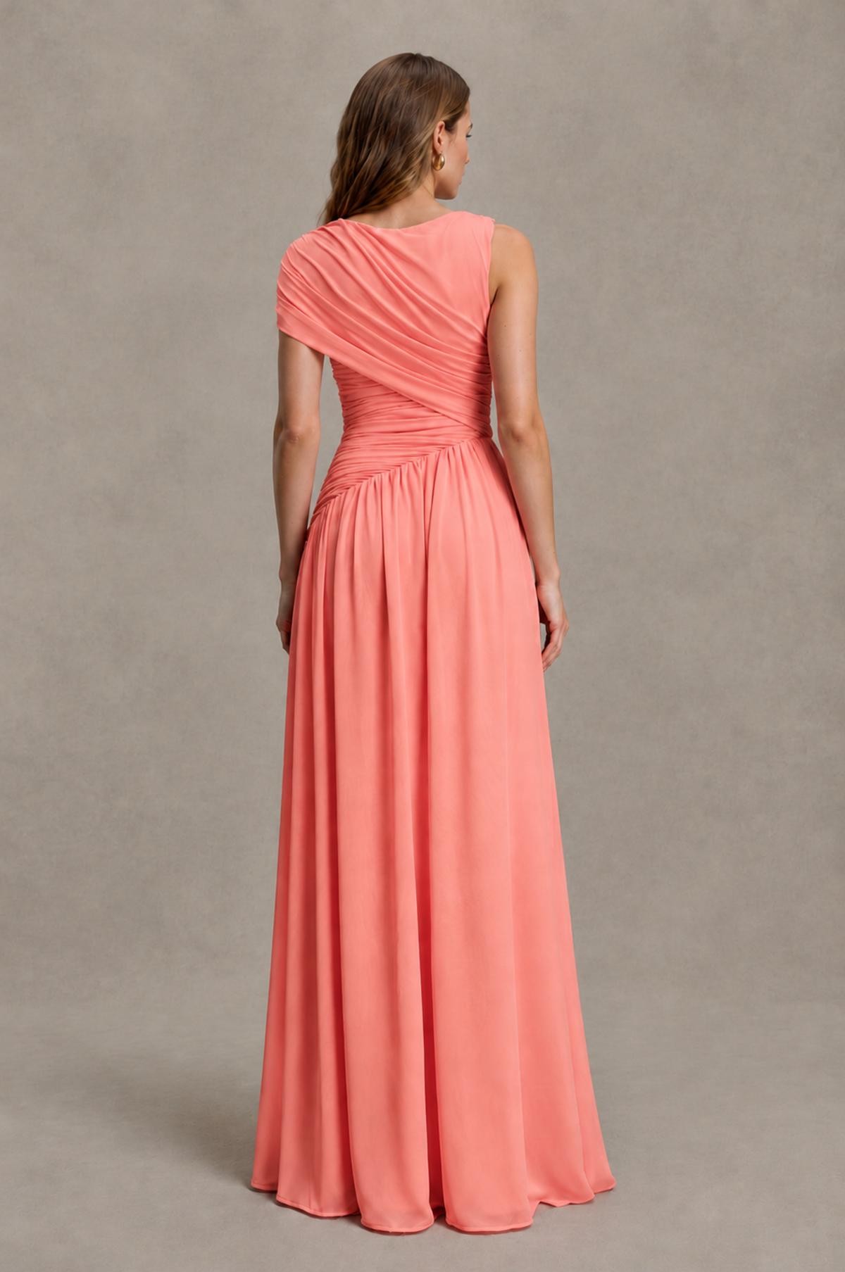 BOLODOO Coral One-Shoulder Ruched Floor-Length Bridesmaid Dress - Coral - Coral_02