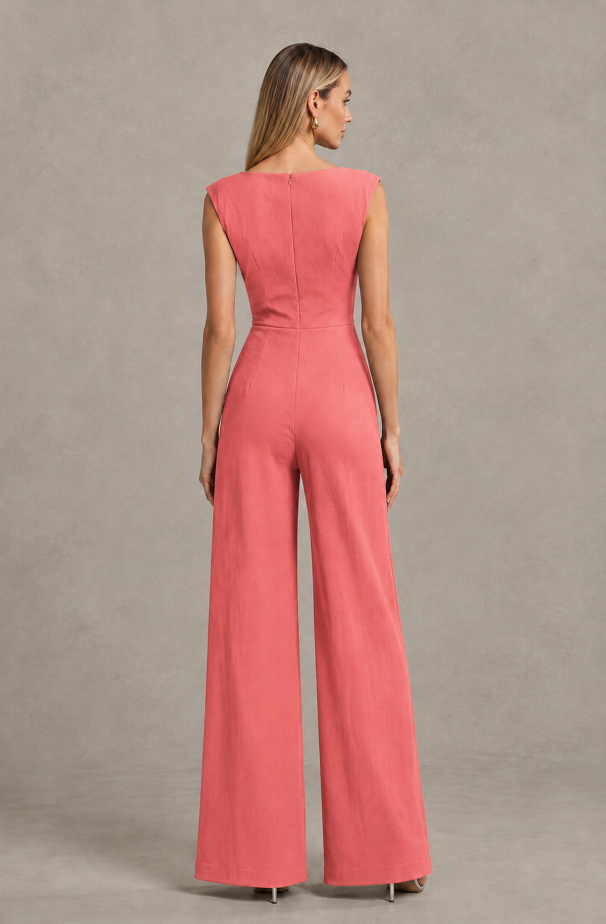 BOLODOO Coral Sleeveless V-Neck Wide-Leg Jumpsuit with Side Drape - Coral - Coral_02