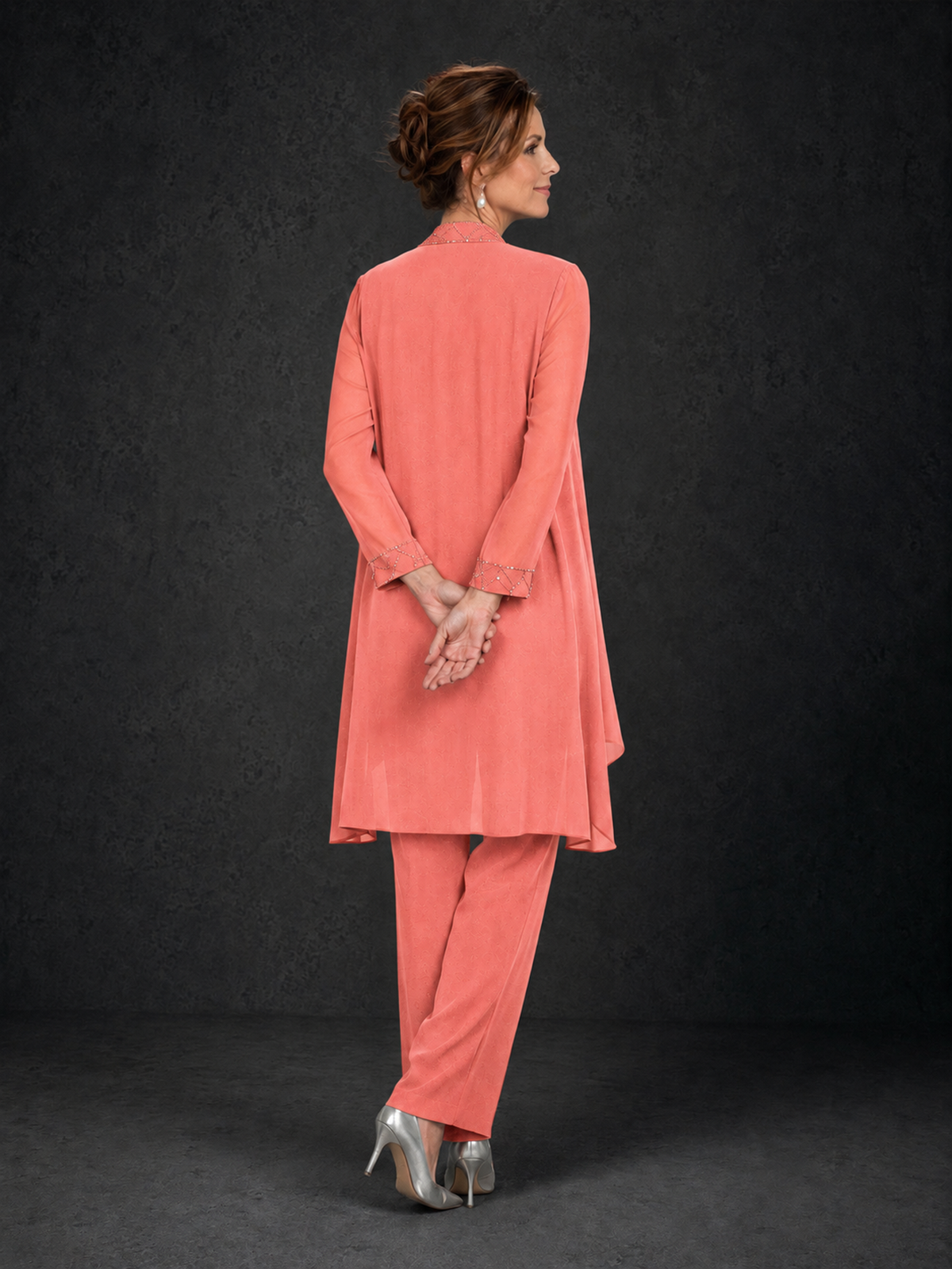 BOLODOO Coral 3-Piece Beaded Chiffon Duster Jacket Pant Suit - Coral - Coral_02