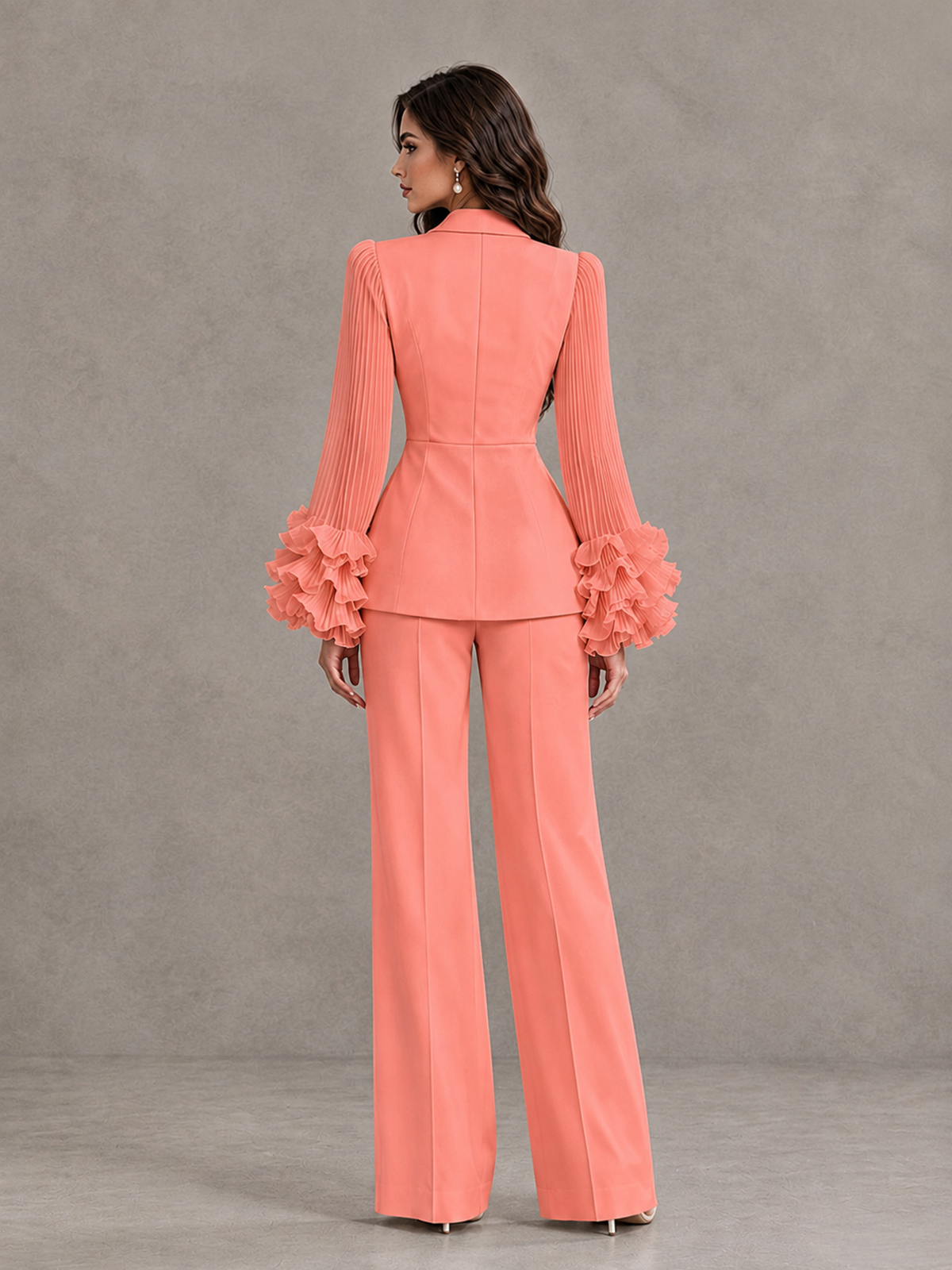 BOLODOO Coral Mother of the Bride Pant Suit – Pleated Long Sleeve Ruffle Cuff Wide Leg Trouser Suit - Coral - Coral_02