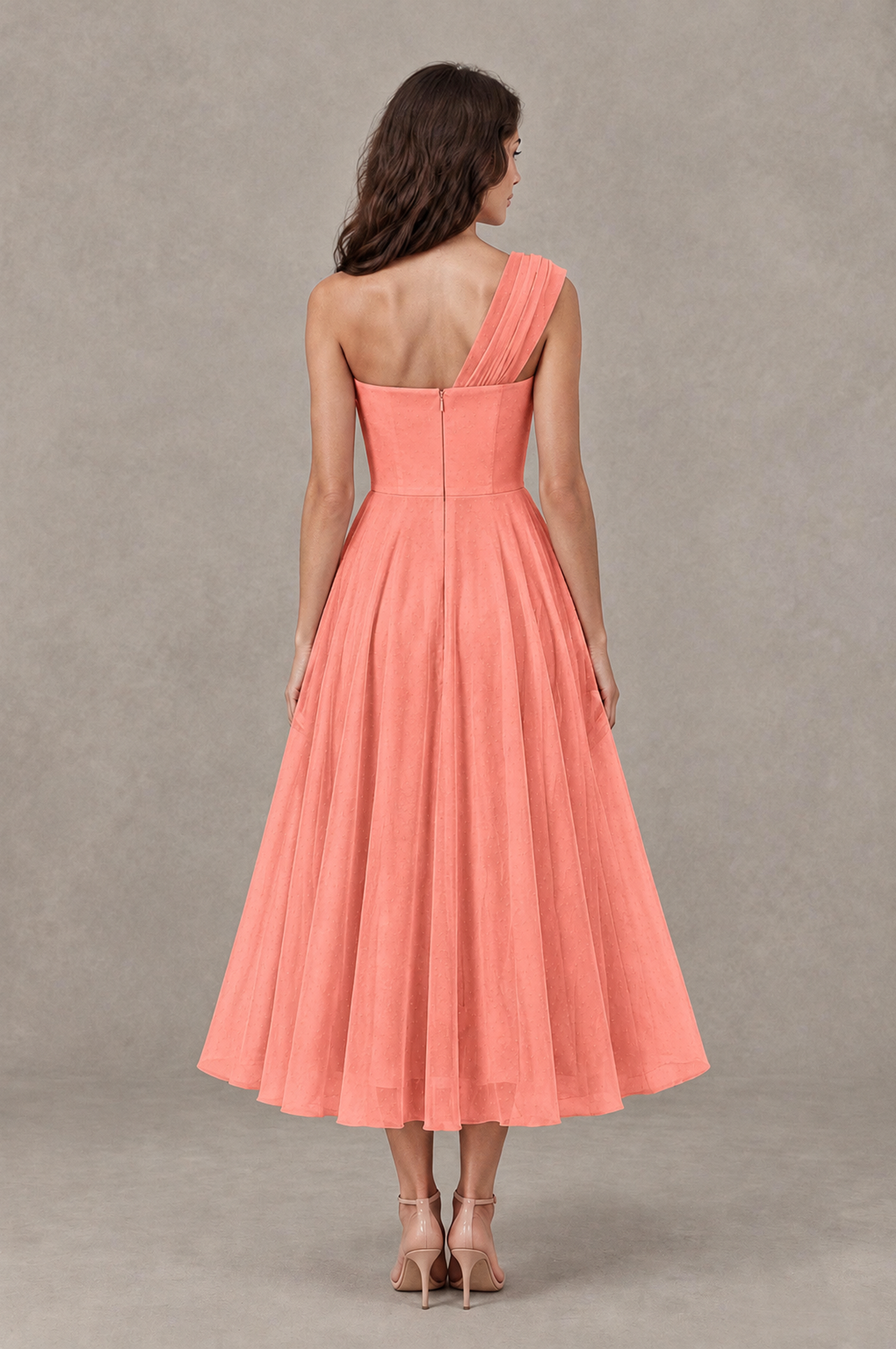 BOLODOO Coral One-Shoulder Floral Tulle Tea-Length Dress - Coral - Coral_02