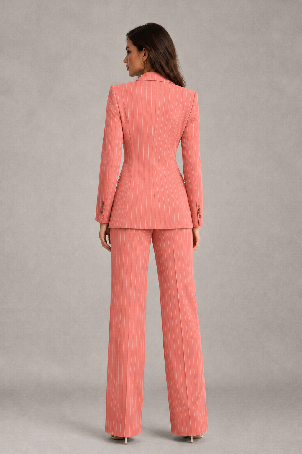 BOLODOO Women's Coral Pinstripe Three-Piece Pantsuit with Wide-Leg Trousers - Coral - Coral_02