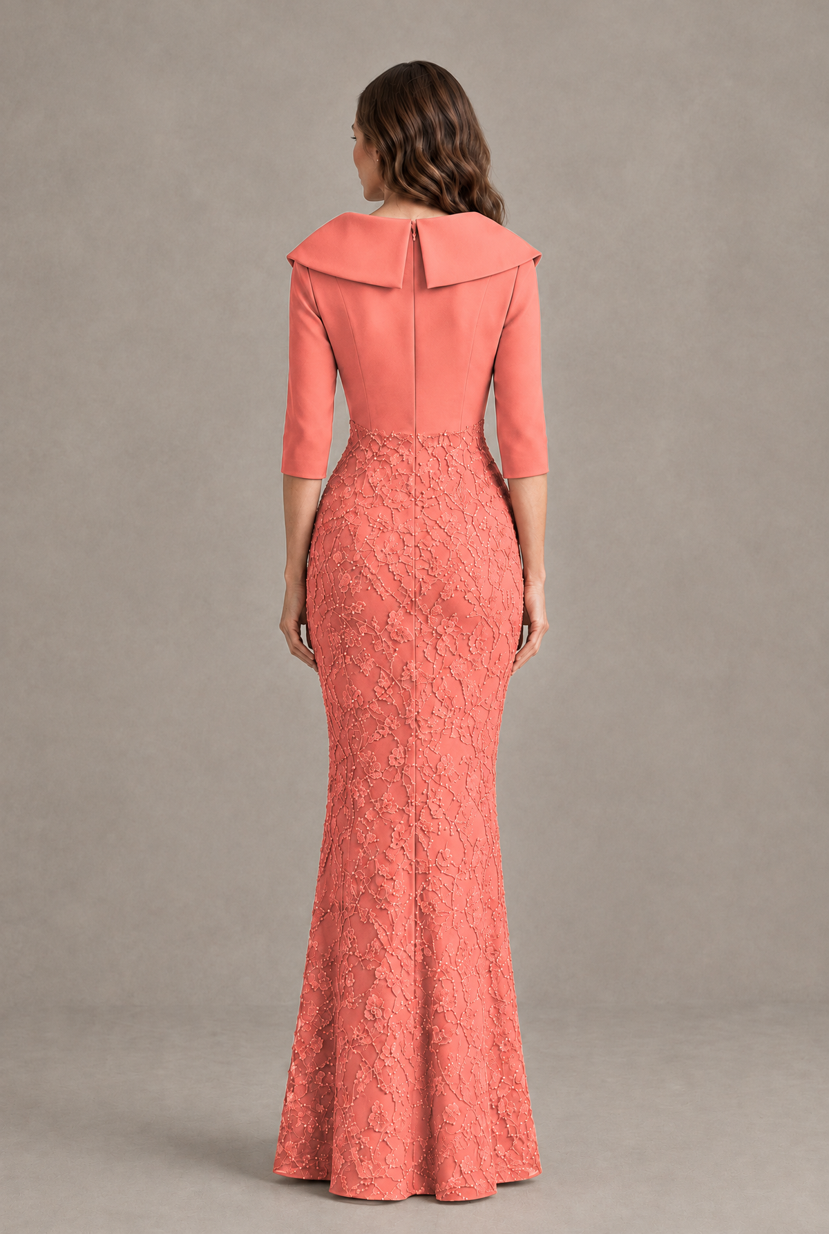 BOLODOO Coral Three-Quarter Sleeve Mermaid Evening Dress with Floral Detail - Coral - Coral_02