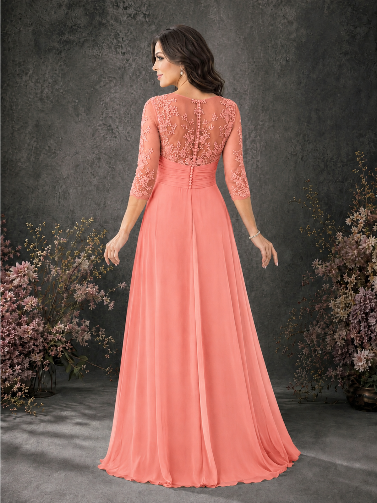 BOLODOO Coral Chiffon Lace Illusion Neckline 3/4 Sleeve Floor Length Formal Gown - Coral - Coral_02