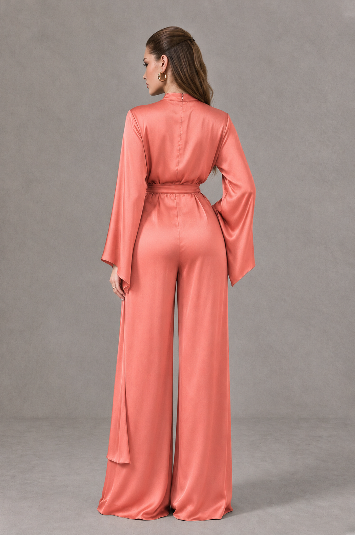 BOLODOO Coral Satin-Look Long Sleeve Wide-Leg Jumpsuit - Coral - Coral_02
